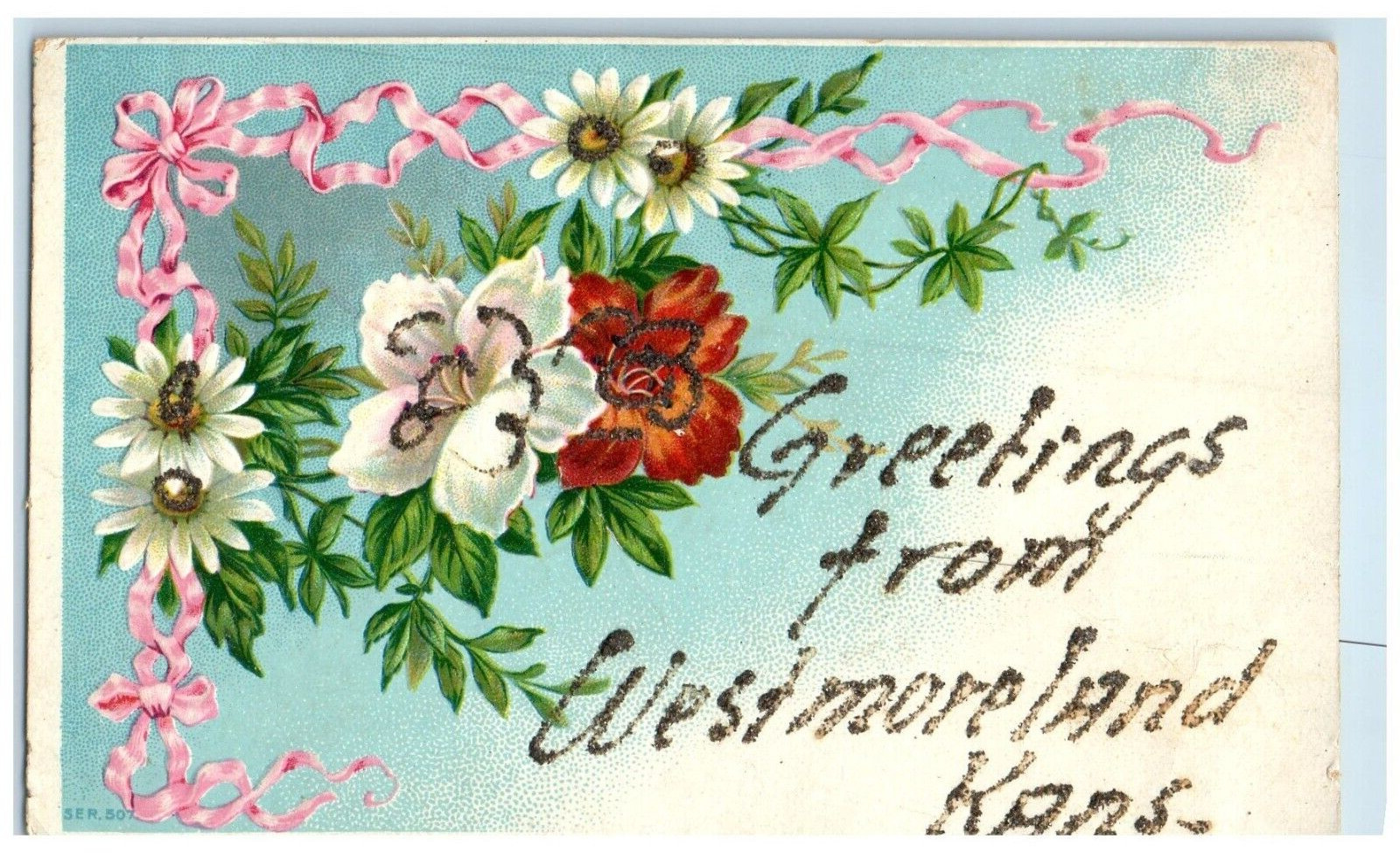 c1910\'s Greetings From Flowers Glitter Embossed Westmoreland Kansas KS Postcard