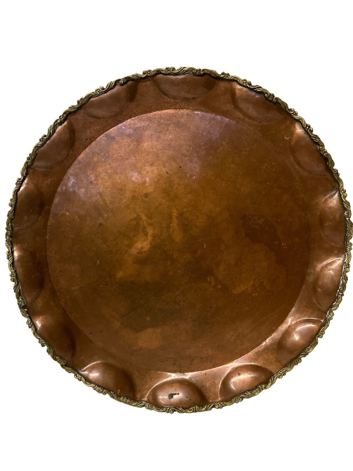 Vtg Antique XL Copper and Brass Ornate Scallop Edge Deep HEAVY Centerpiece 23