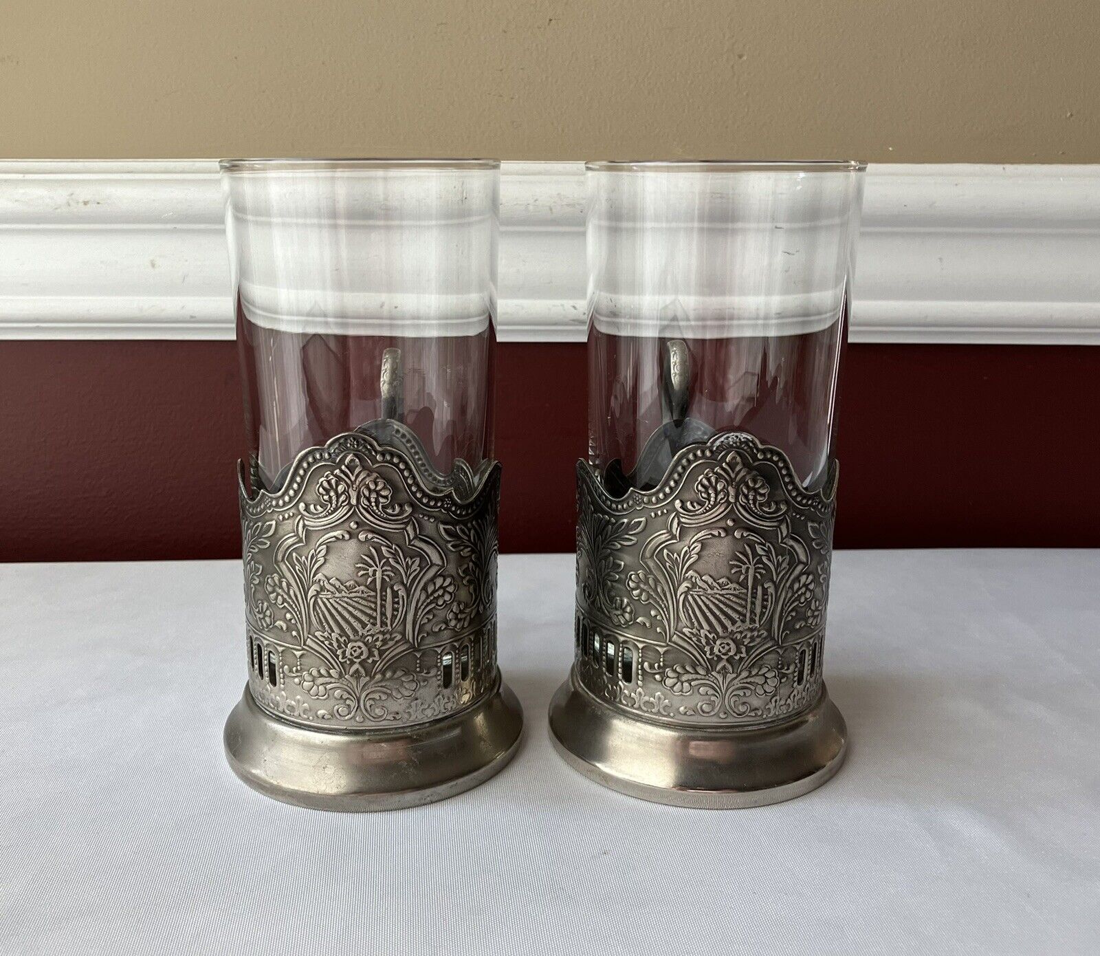 Pair of VTG Russian Tea Glass Metal Holders With Glasses, Marked, 5 1/2