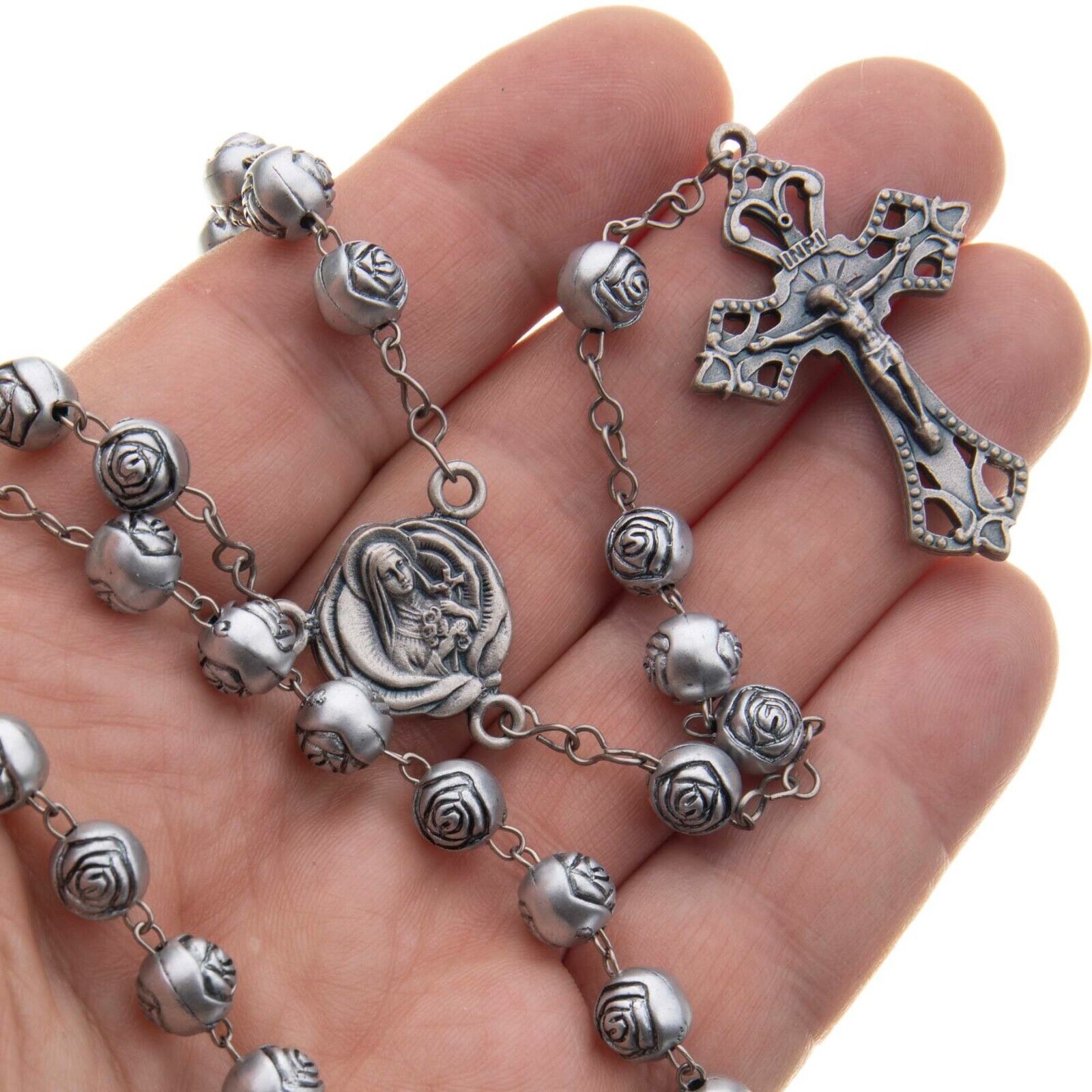 St Therese Catholic Rosary Hollow Rose Petal Beads Crucifix Women Silver Chain