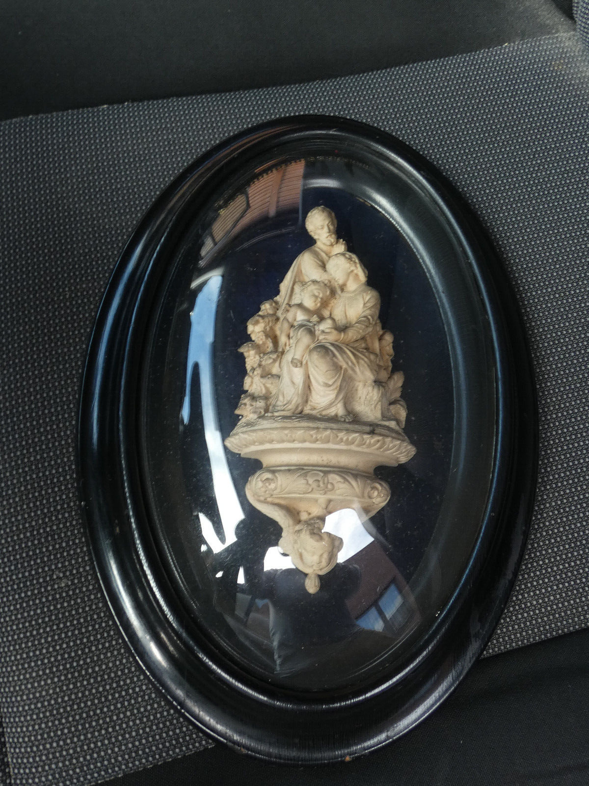 Antique 19thc Meerschaum Holy family statue in wood frame convex glass religious