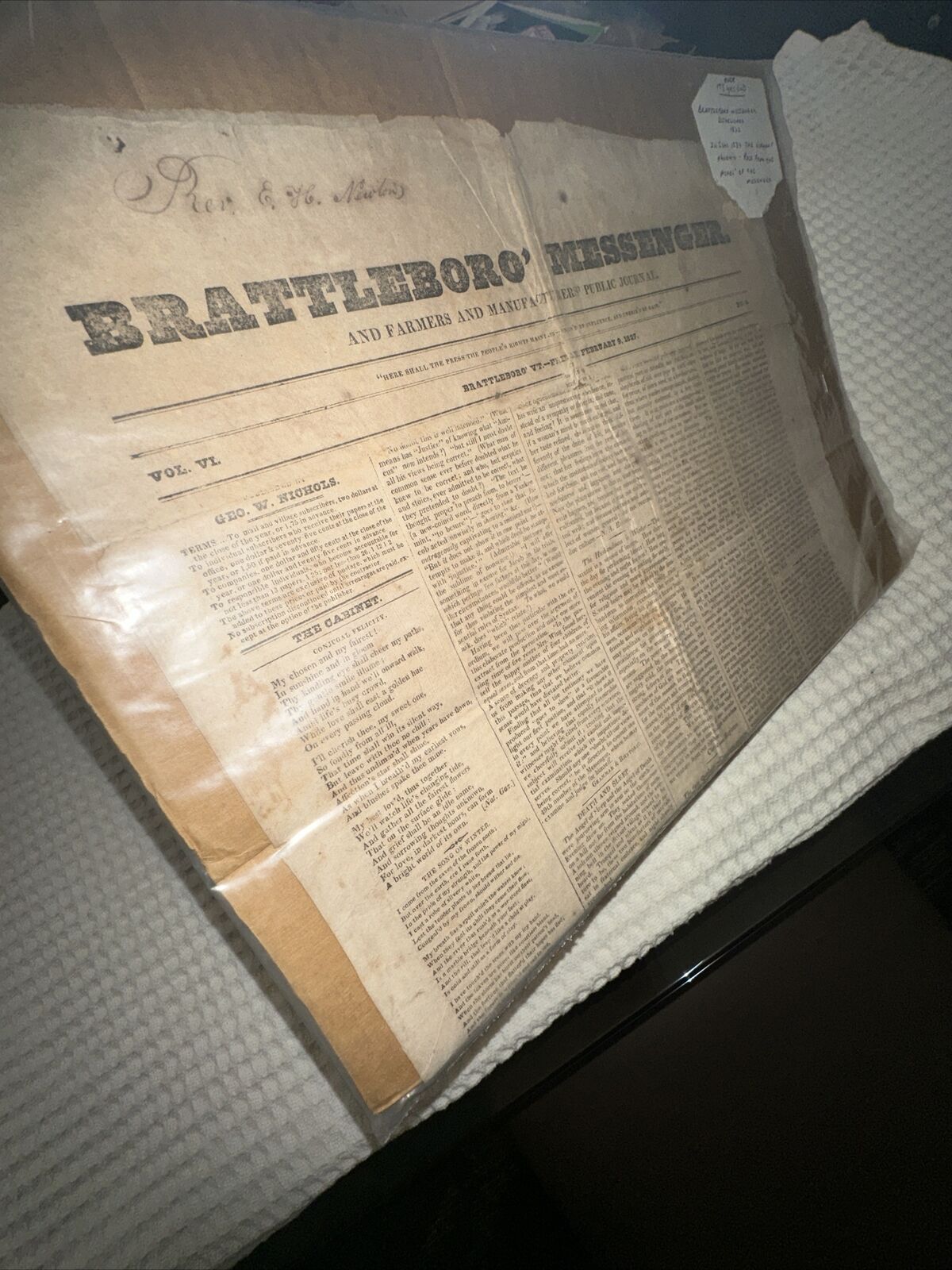 Antique Newspaper, Brattleboro Vermont Messenger, February 9, 1827 ￼