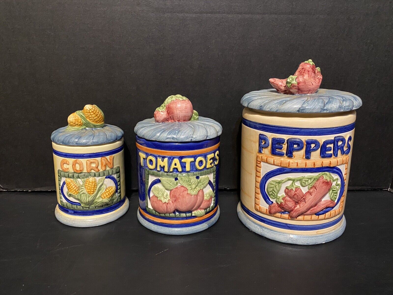 Rare Vtg 3 Ceramic Vegetable Canister Set 1996 By Jay : Corn Peppers Tomatoes