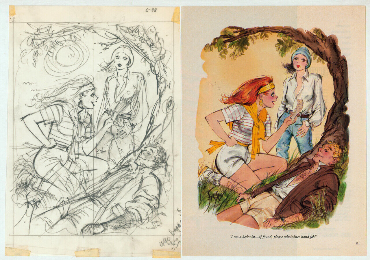 Doug Sneyd Signed Original Playboy Art Pencil Sketch June '88 Redhead & Brunette