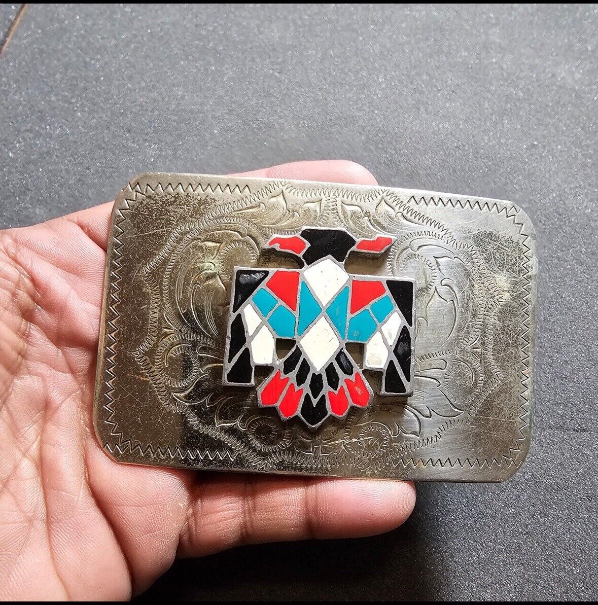 Nickel Silver Native American Colorized Thunderbird Scrolled Belt Buckle