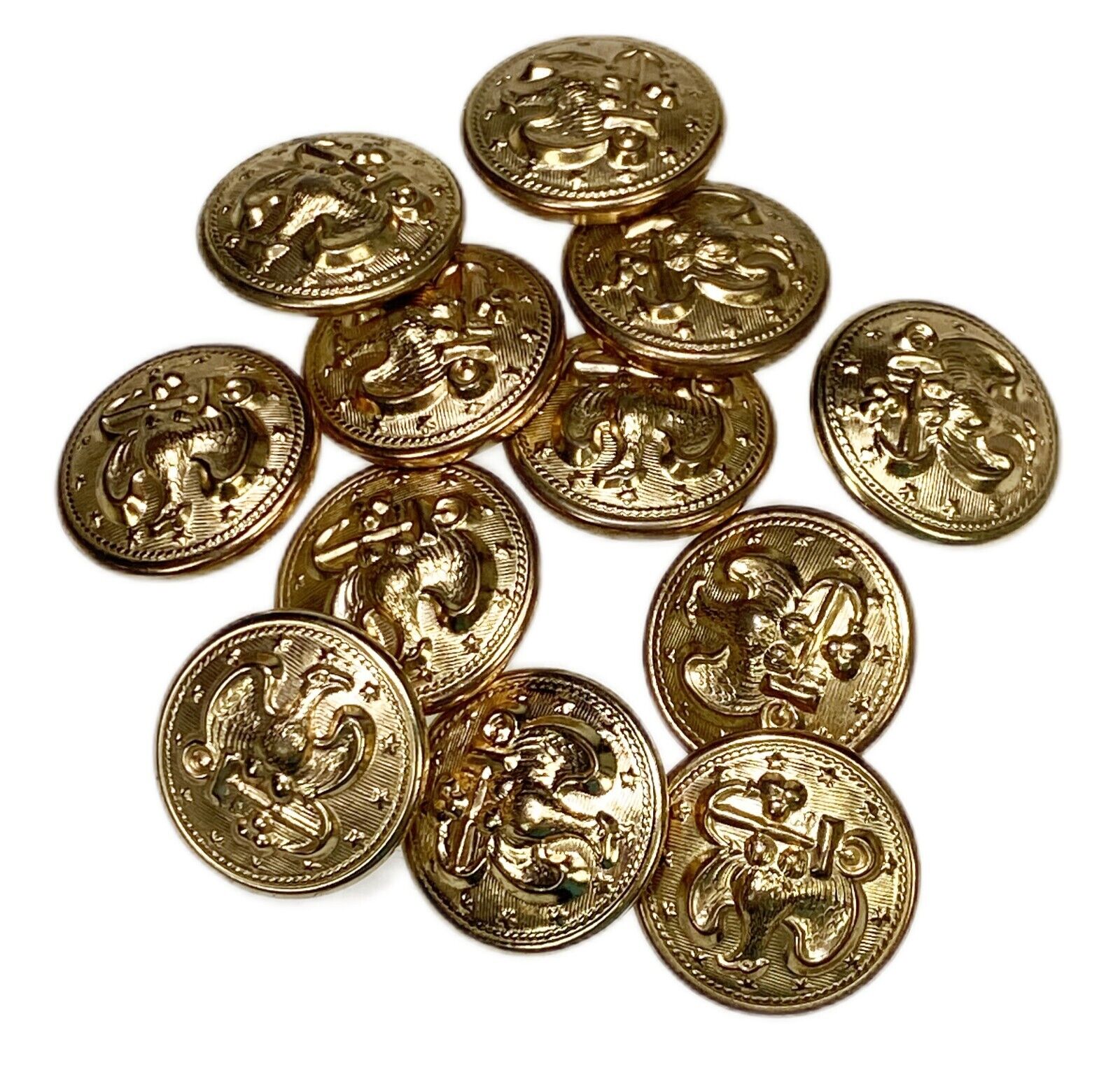 12 Metal Gold Color Buttons Eagle Navy Anchor 7/8” Vtg Military