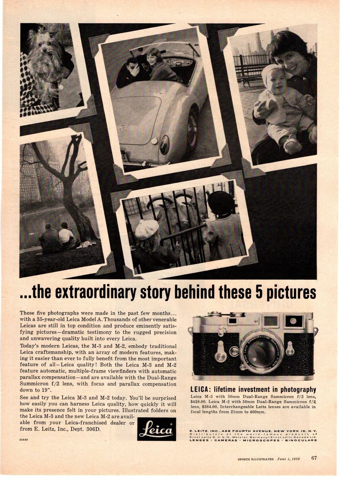 1959 Leica M-3 Camera 50mm Dual-Range Summicron Lens Ernst Leitz NY Print Ad