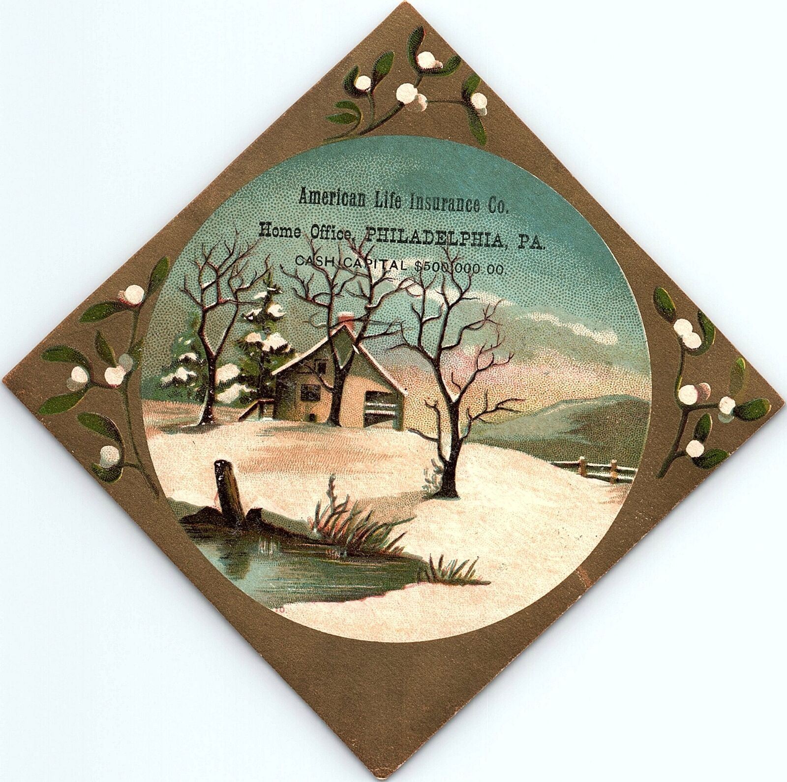 1880s AMERICAN LIFE INSURANCE CO PHILADELPHIA PA WINTER SCENE TRADE CARD 40-186