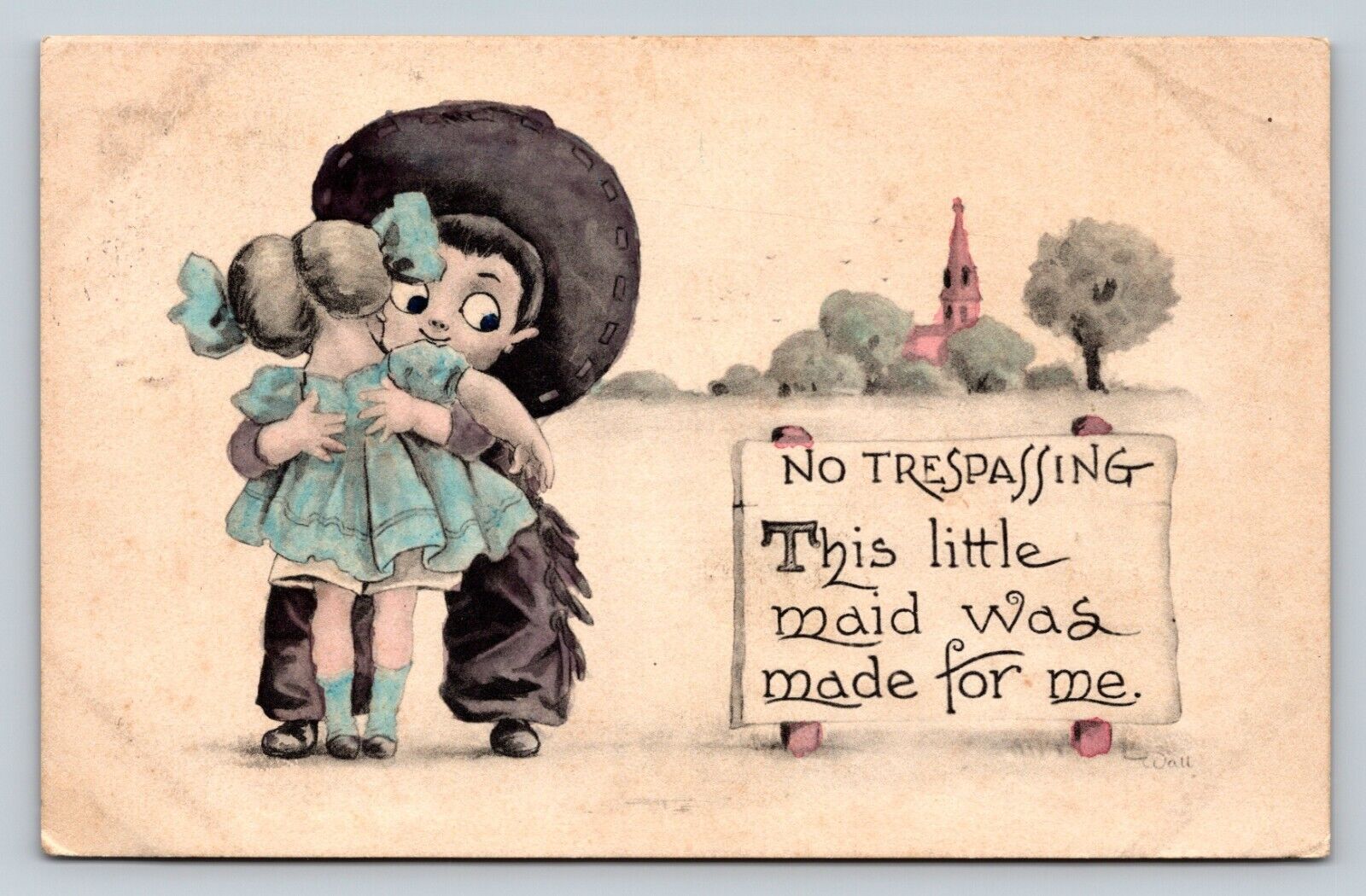 c1912 Boy In Cowboy Hat Hugs Girl No Trespassing ANTIQUE Comic Postcard