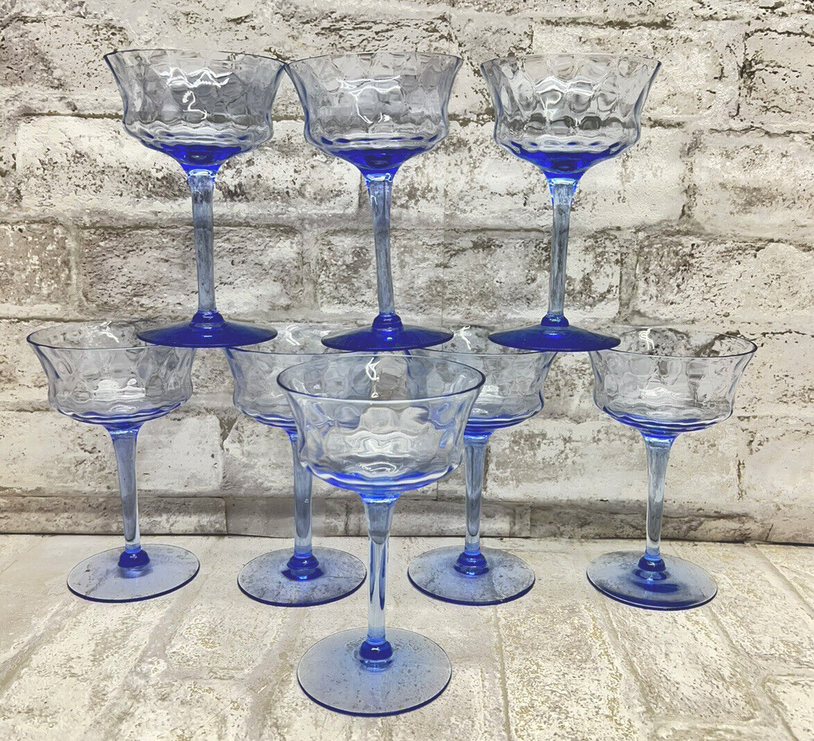 RARE SET OF 8 VINTAGE HEISEY BLUE DIAMOND OPTIC WINE GLASSES