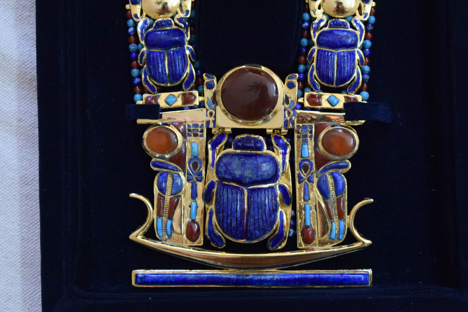 Egyptian Scarab-King Tut Necklace-natural Lapis,Agate,Turquoise-24k Gold Plated