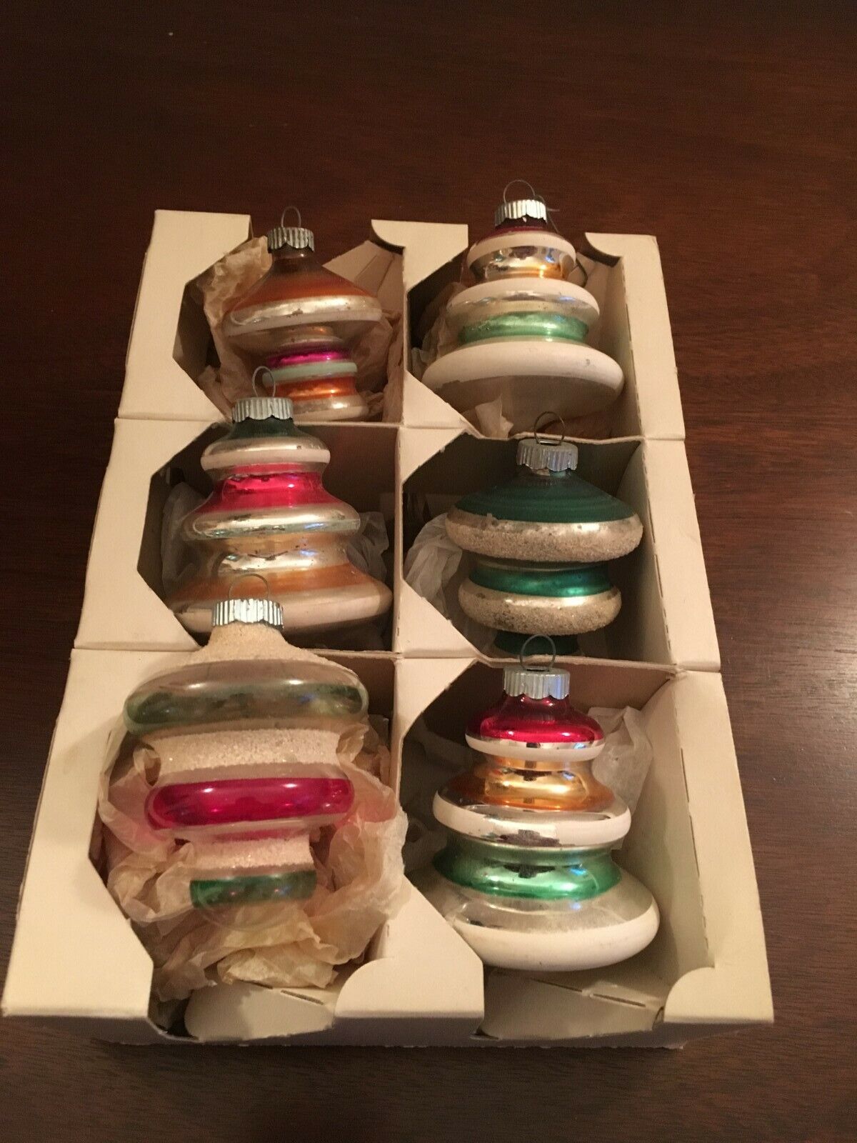 VINTAGE SHINY BRITE GLASS CHRISTMAS ORNAMENTS WITH BOX QUANTITY 6 UFO STYLE