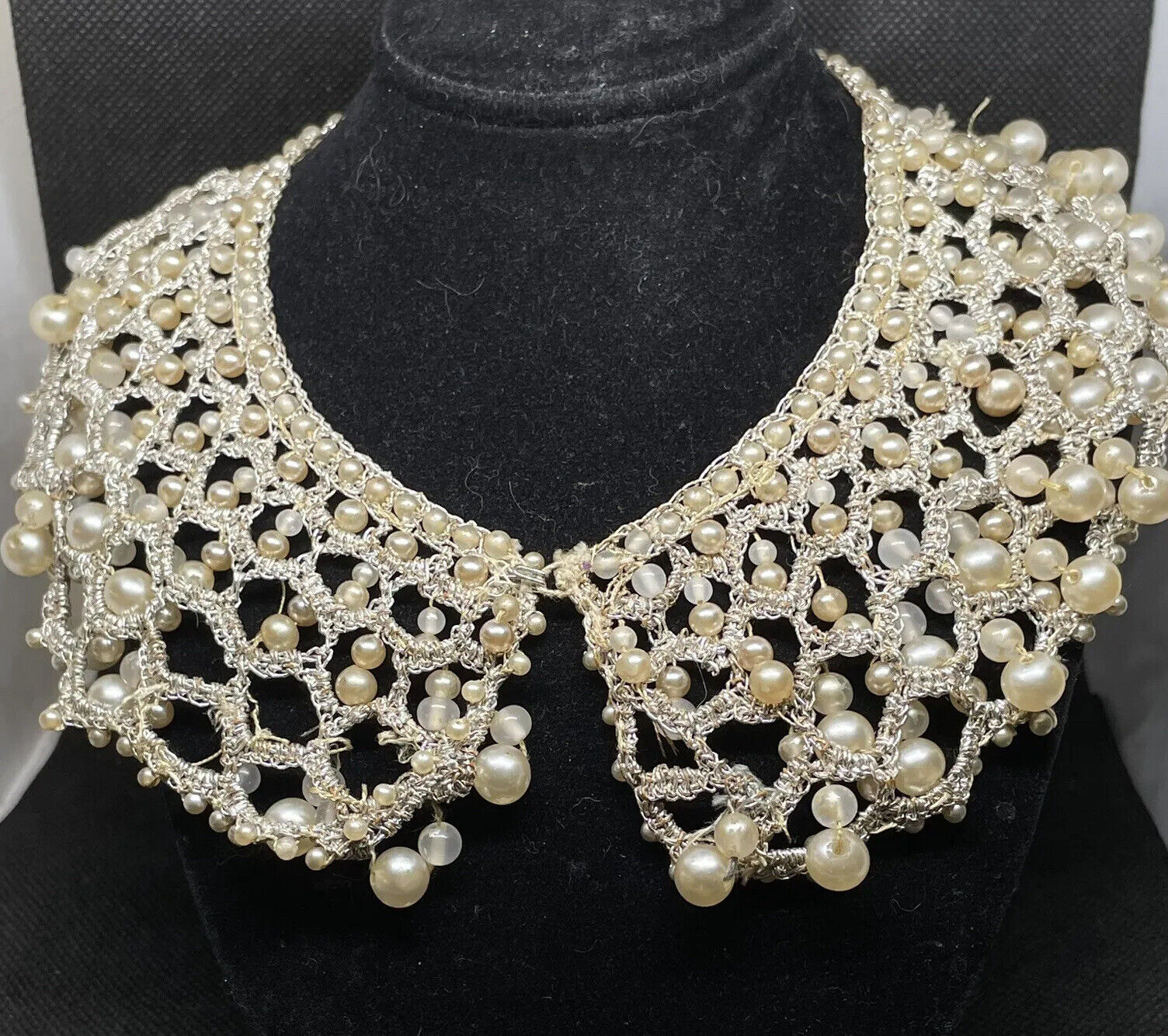 Antique Victorian Crochet Glass Pearl Necklace Collar 1800 1900 Gold Satin