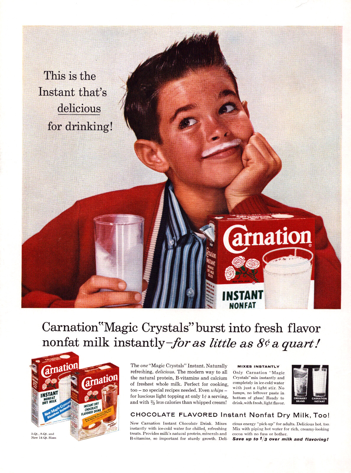 Vintage 1958 Carnation Instant Milk Young Boy With Milk Mustache Advertisment