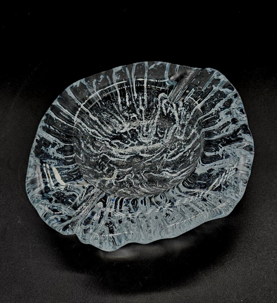 Vintage Blenko Art Glass Crystal Clear Glacier Ice 3 Toed Ashtray Trinket Dish 