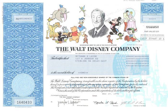 Walt Disney Co. - Fully Issued Stock Certificate (Uncanceled) - Entertainment St