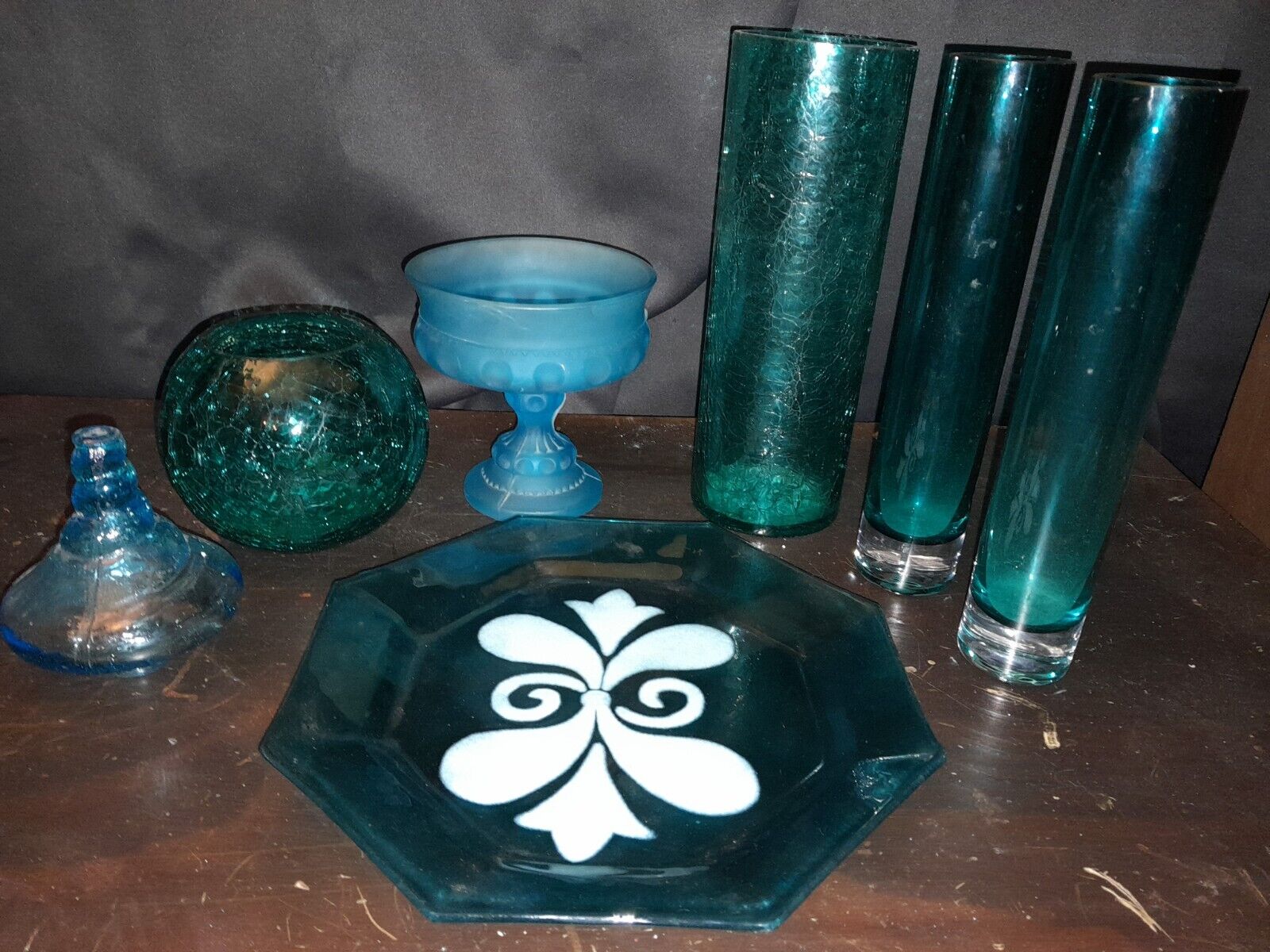 -Blue Glass Collection- 7  Pieces Of Glassware Decorative/Functional/Utilize 