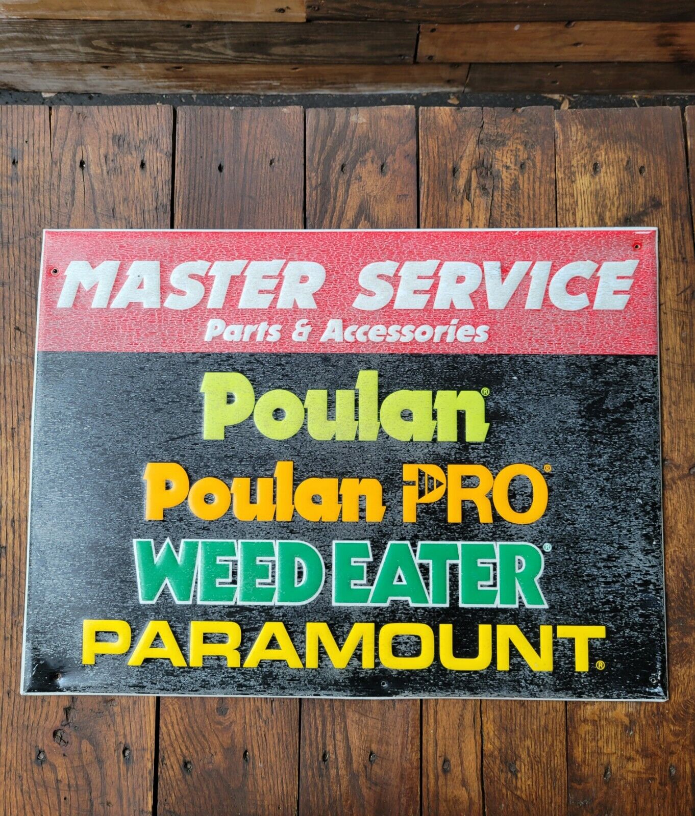 Vintage USA Made Master Service Parts Poulan Pro Weedeater Paramount Metal Sign 
