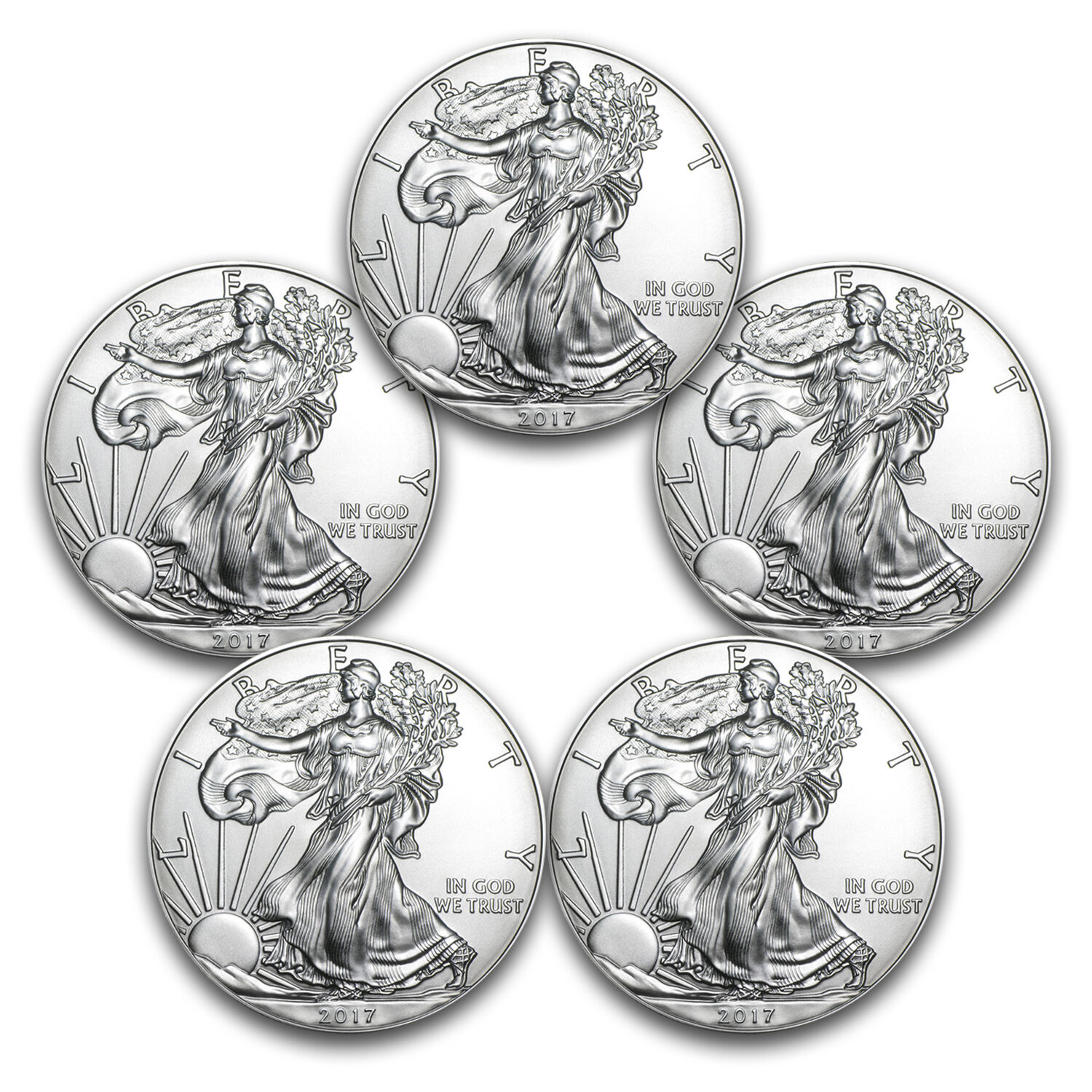 2017 1 oz Silver American Eagles BU 5 Coin Lot