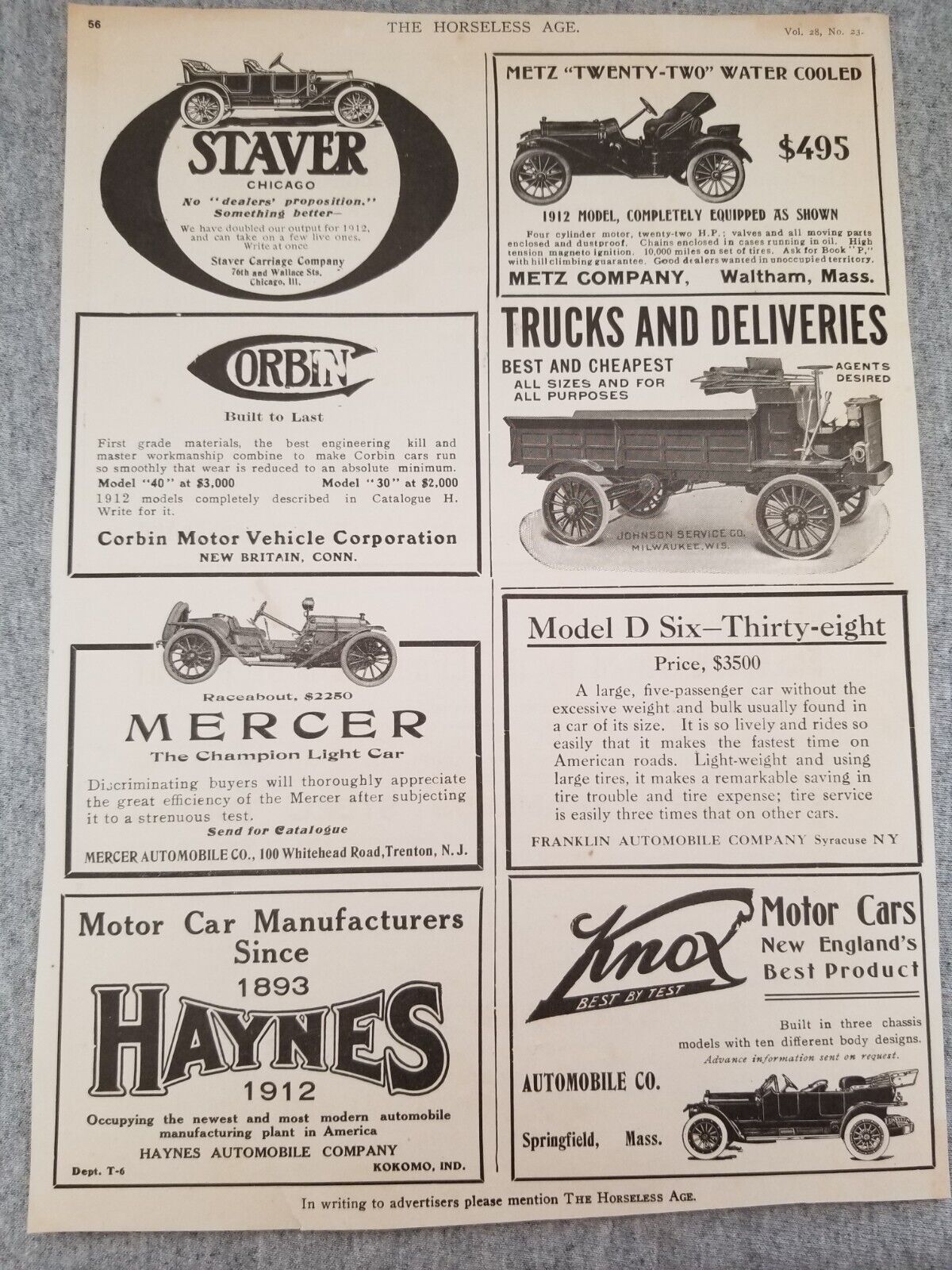 1911 Various Car Manufacturers Vtg Print Ad Staver Metz Corbin Mercer Knox