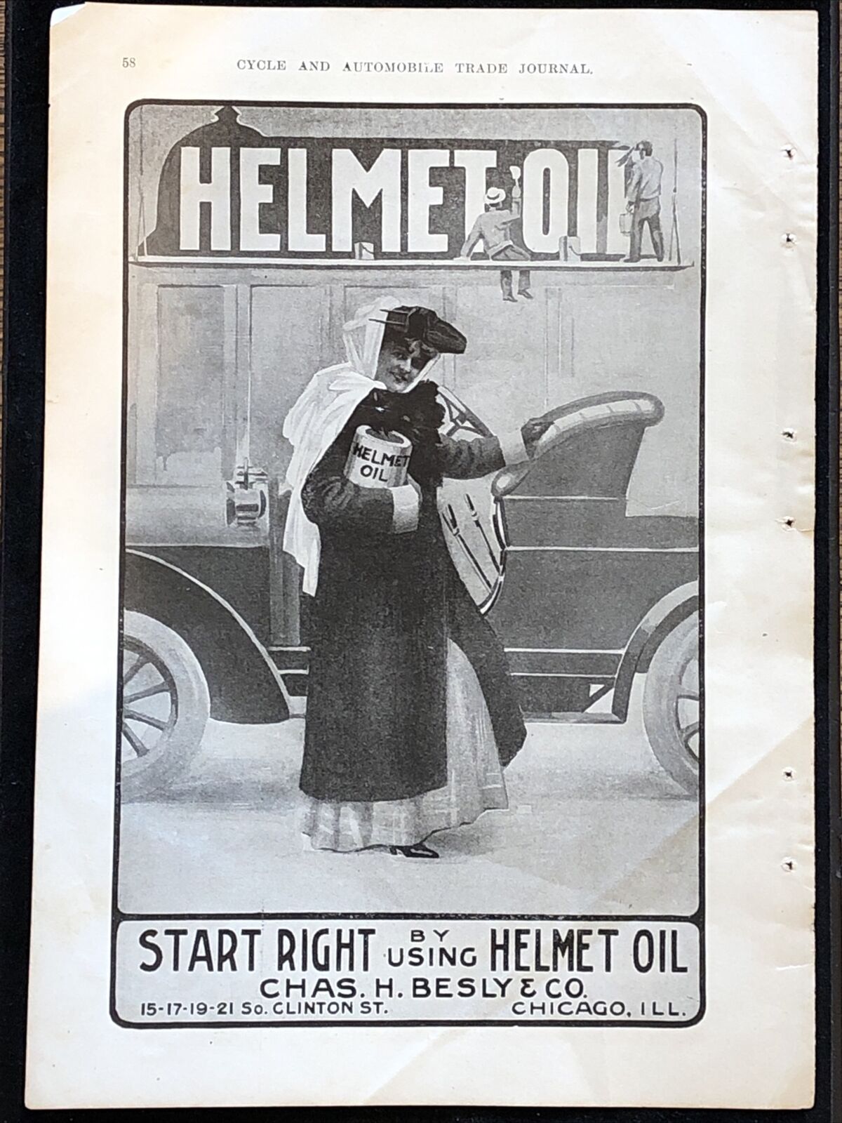 Antique 1907 Helmet Motor Oil Ad Chas Besly Chicago IL Sign Picture Art Garage