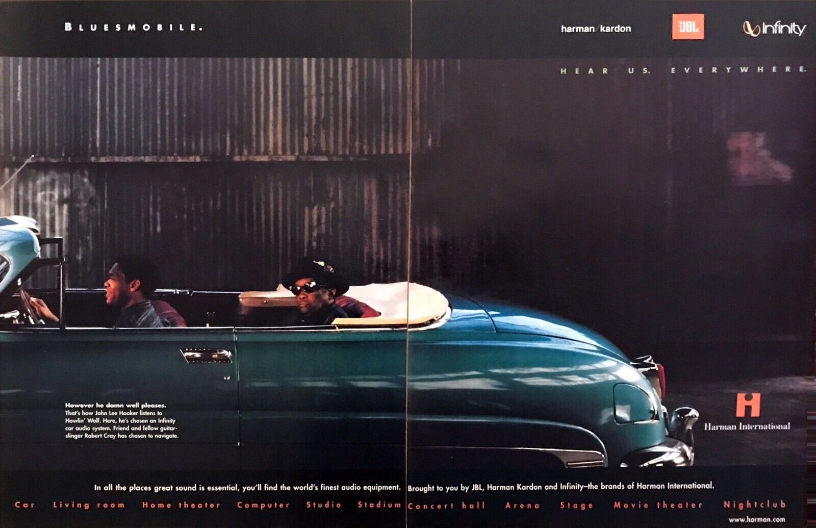 1997 Blues Singer John Lee Hooker in Bluesmobile photo Harman 2-page print ad