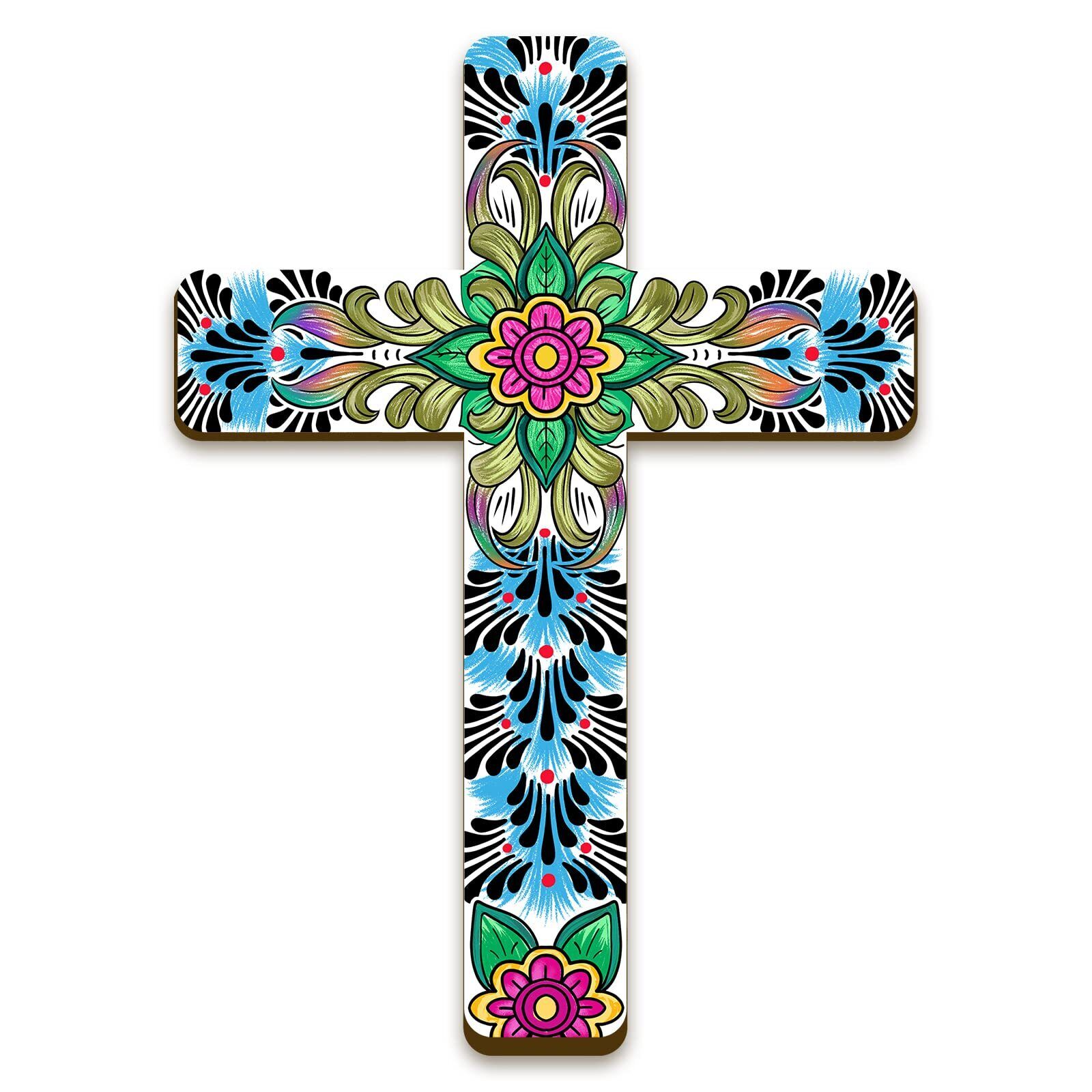 Floral Cross Wall Decor Hand Painted Decorative Inspirational Wooden Cross