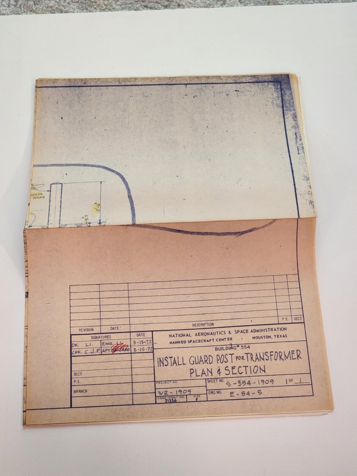 1972 NASA Spacecraft Center Original File Copy Blue Print -  Building 354 Plans