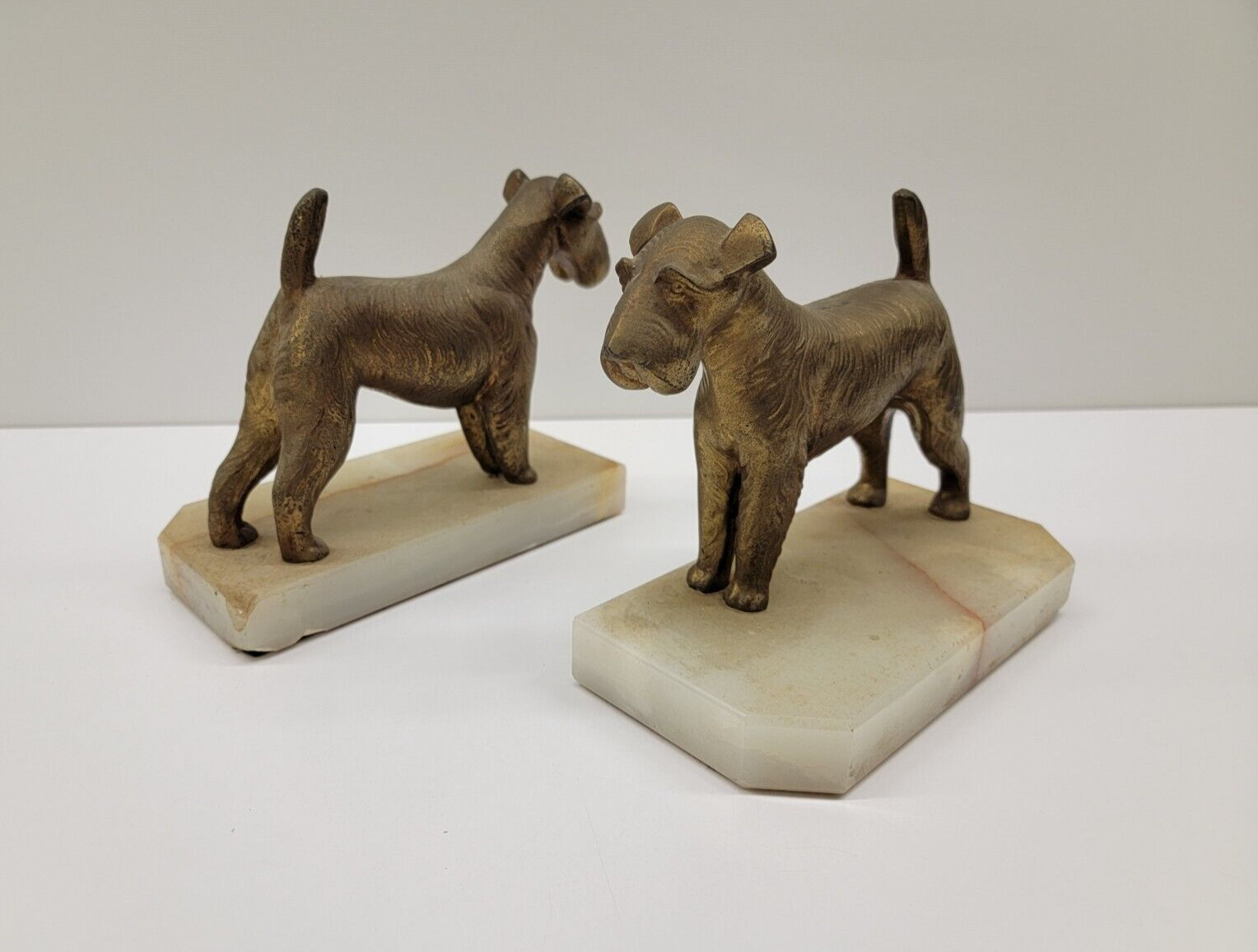 Vintage Pair Of Bookends Brass Bronze Scottish Terrier Bull Dog On Marble Base