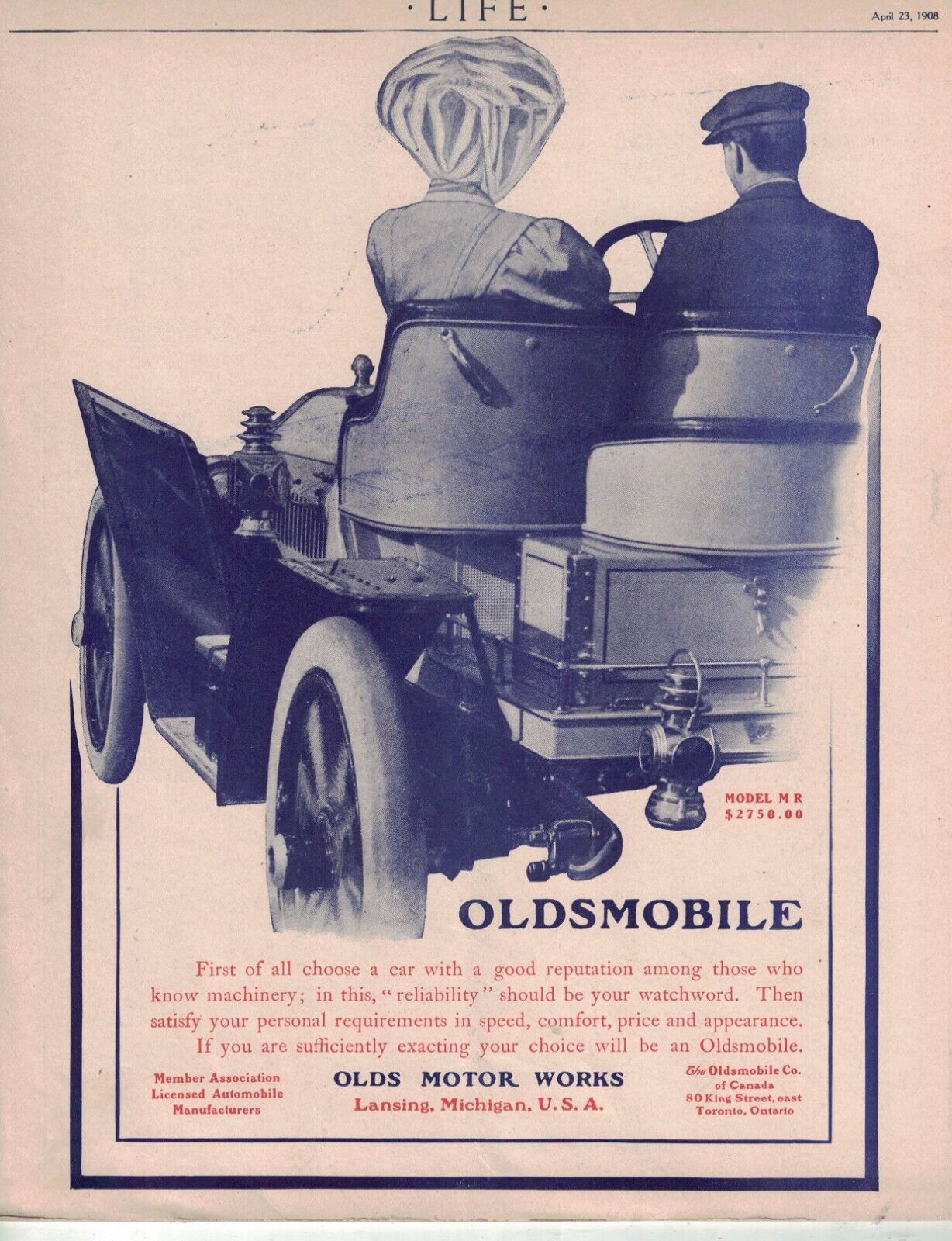 1908 Oldsmobile Original ad from Life - Very Rare with Mother-in-law seat