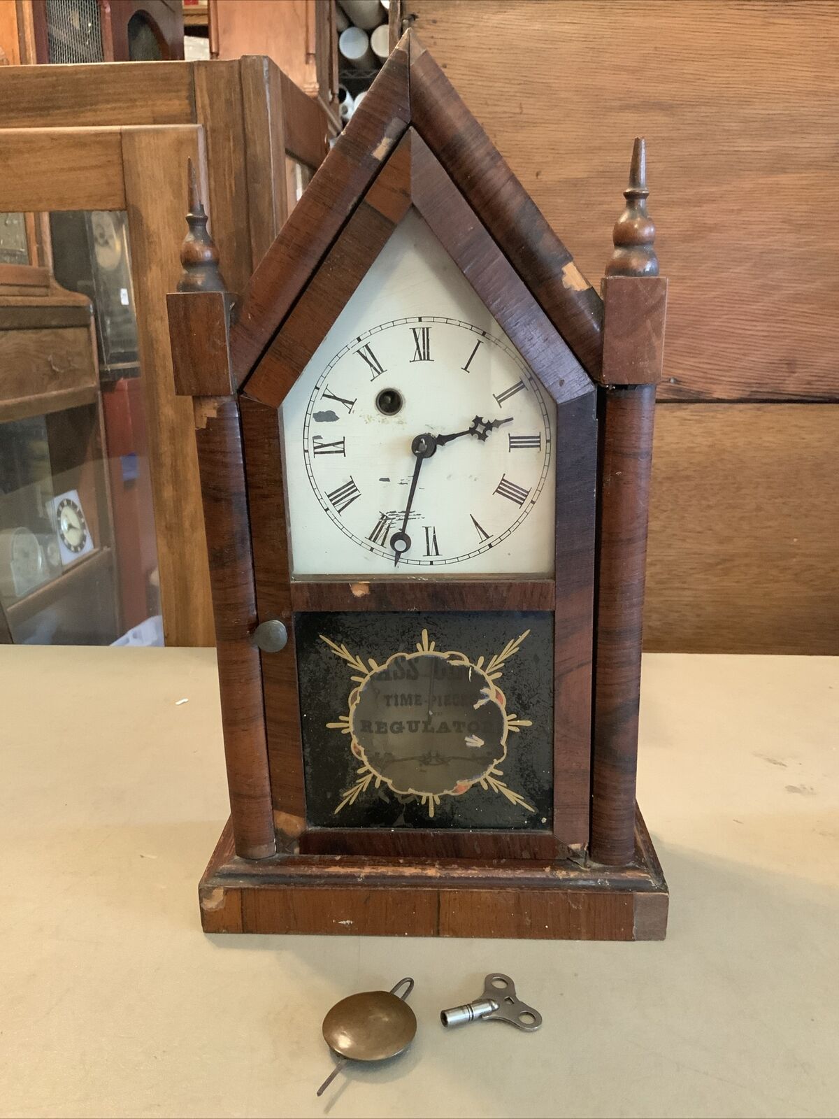 WORKS Vintage Antique Wind Up Wood Mantle Shelf Clock- Waterbury Cathedral