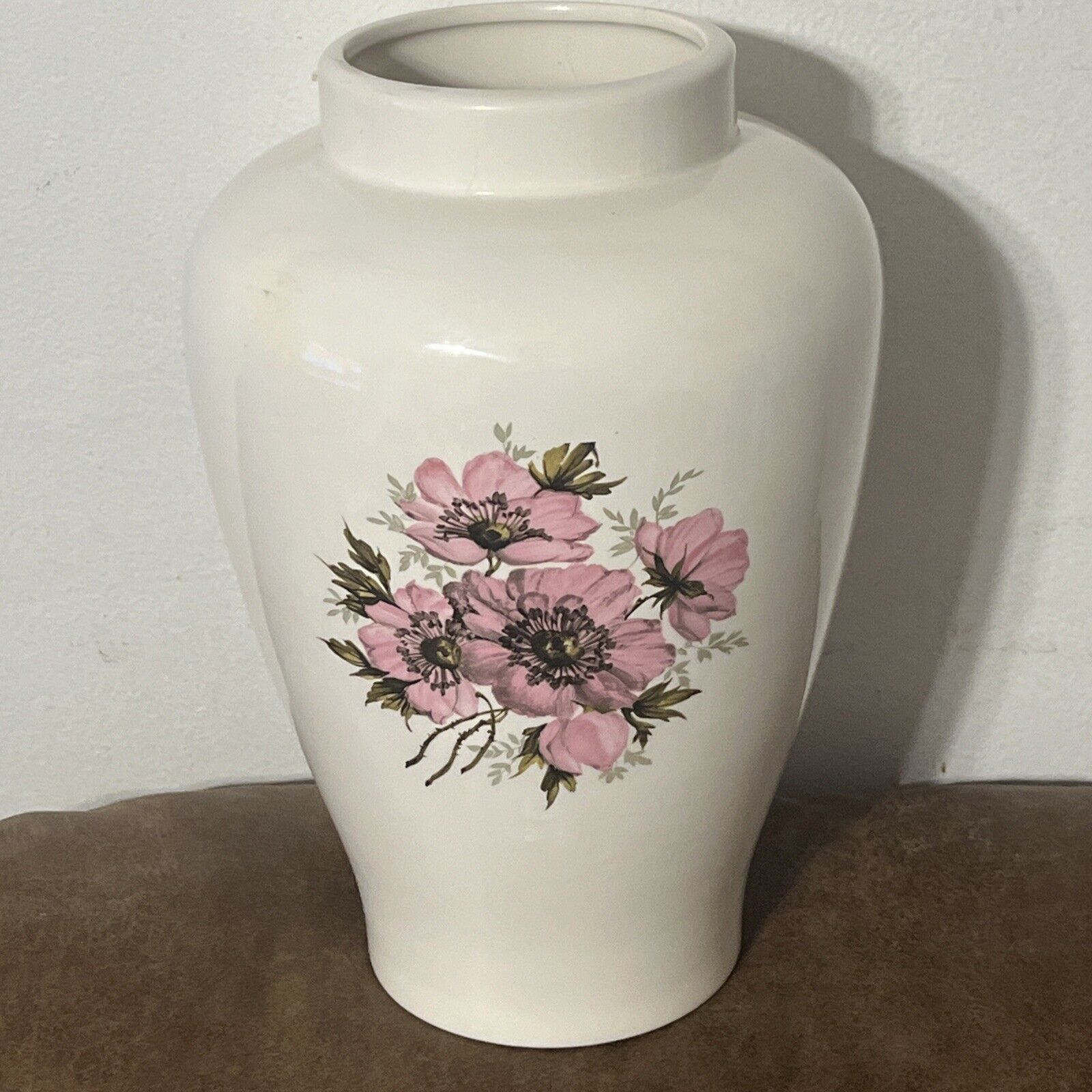 Vintage Handcrafted MCM Ceramic Pottery White 11” Large Vase With Flowers