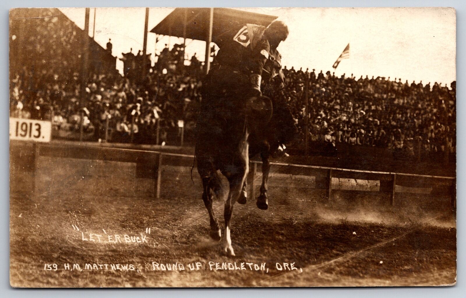 Pendleton Oregon~Rodeo Round Up~”Let \'er Buck”~Cowboy Holds On~1915 RPPC