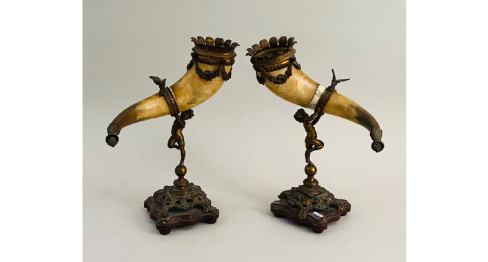 Antique pair 19thc Cornucopia horn bronze putti cherub figural statue bird 