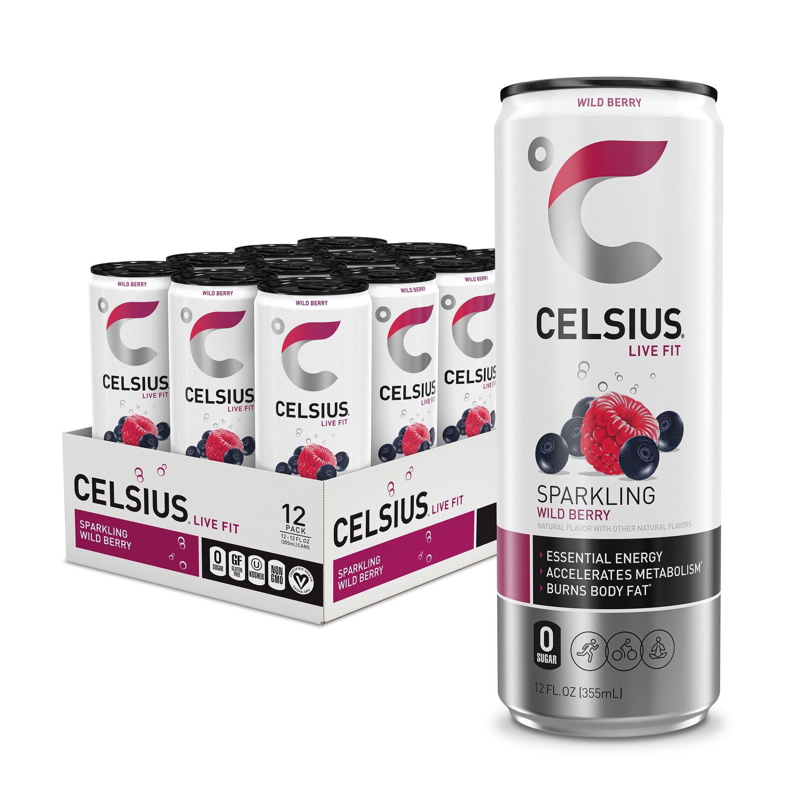 CELSIUS Sparkling Wild Berry, Functional Essential Energy Drink 12 fl oz Can