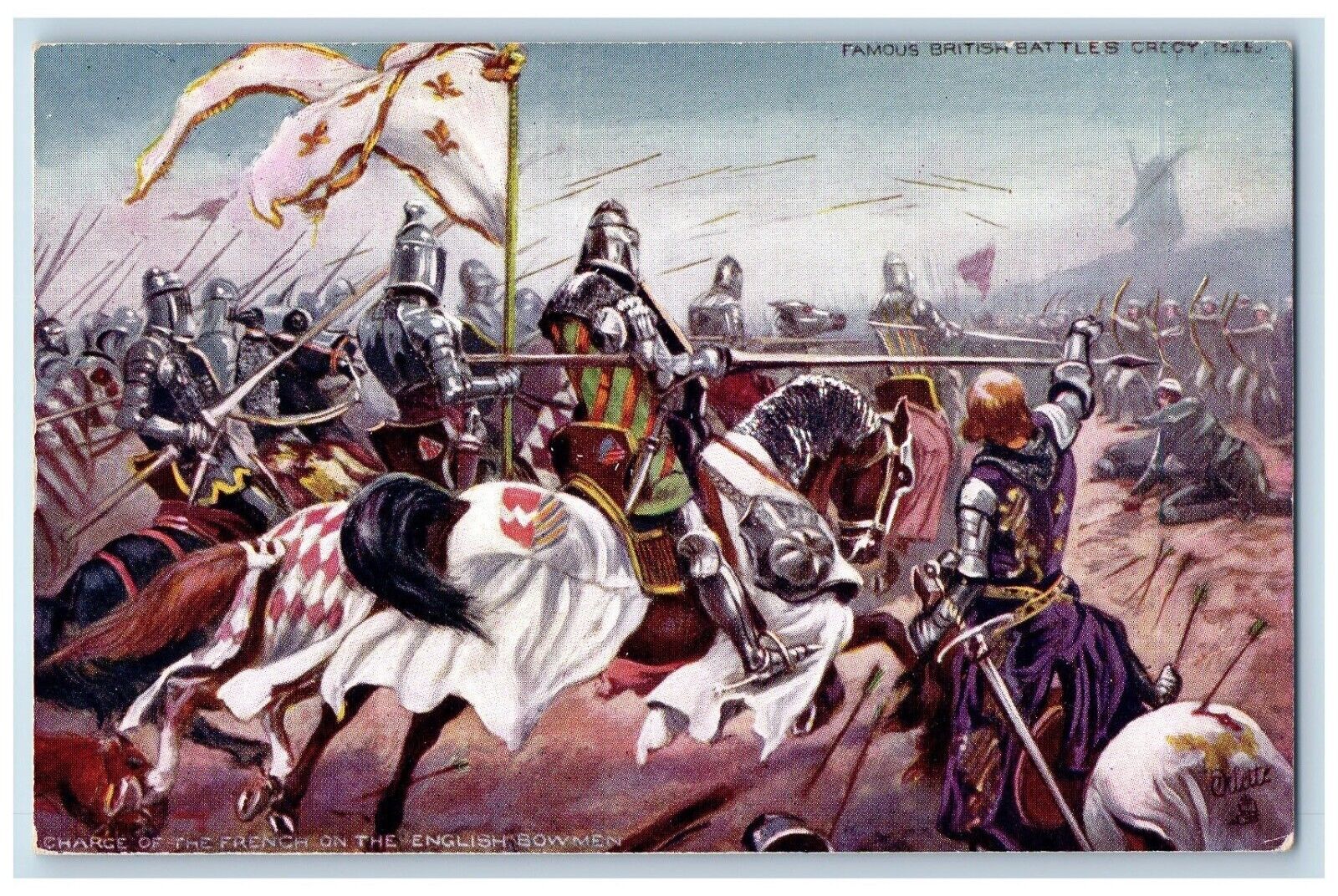 British Battles Crecy Postcard Charge Of The French On English Bowmen Oilette