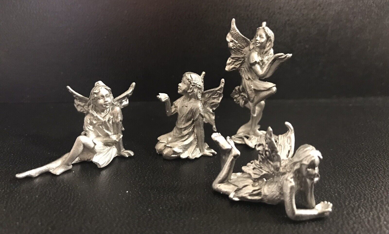 Set of 4 Miniature Pewter Fairy Fairies Wings Mystical Silver Metal Figurines B