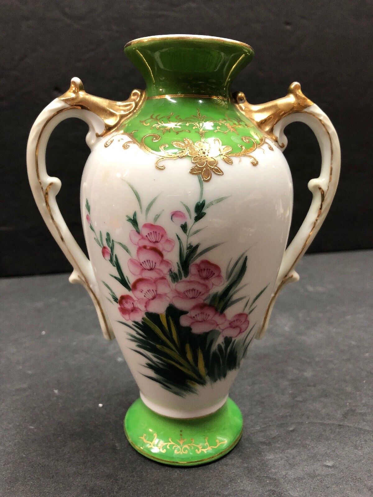 Vintage Antique Green And White Gilded Handled Small Floral Flower Vase