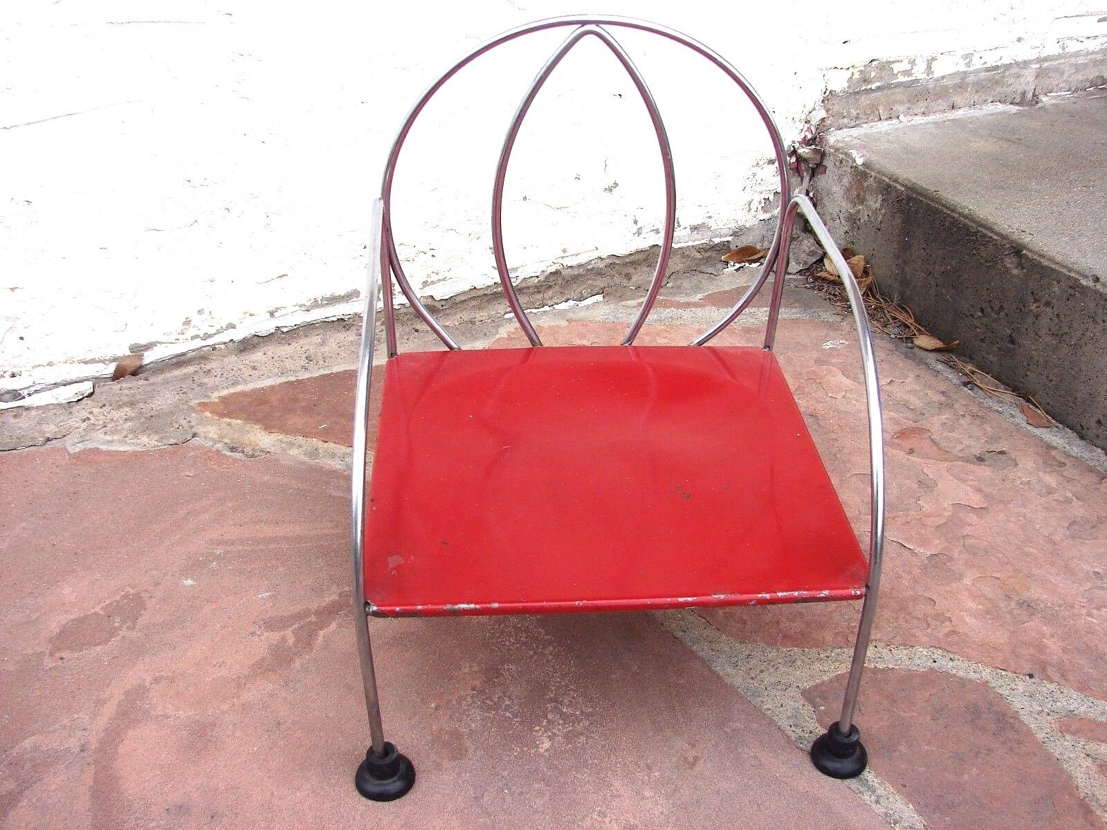 VTG Metal CHILD\'S Doll CHAIR Plant STAND Holder Time Out Chair RETRO Red Chrome