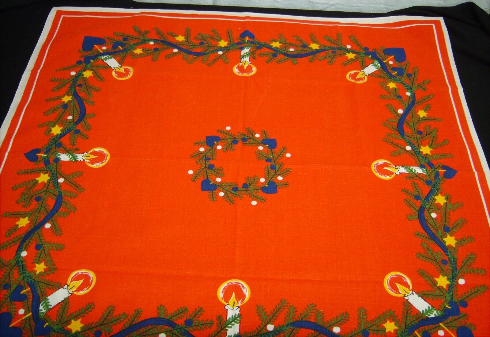 Vtg 50s Christmas Tablecloth Square Candles, Pine Bows,Hearts Linen 34x36 Kitsch