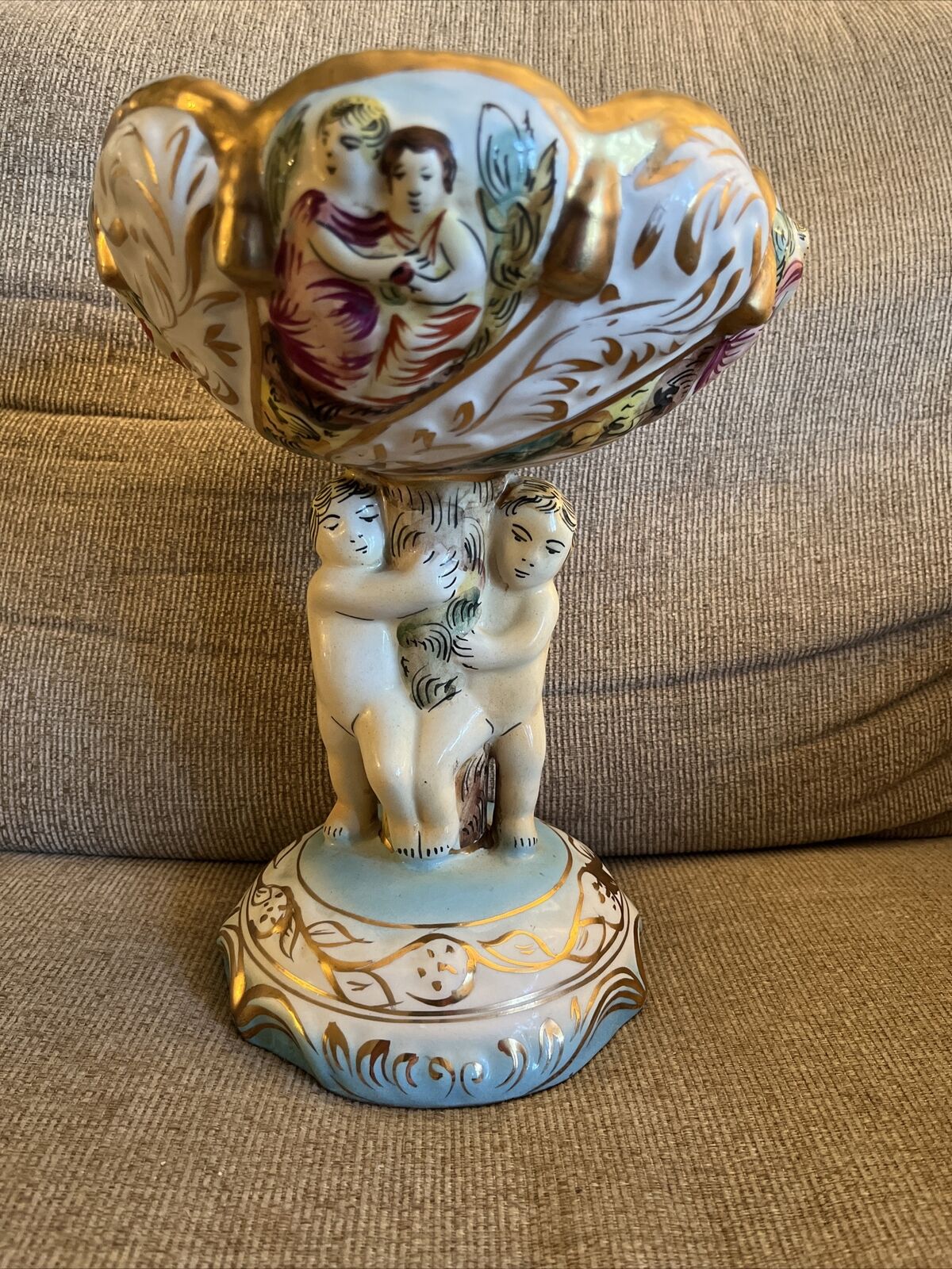 Capodimonte Compote/Pedestal  Antique Cherubs- Hand painted - Porcelain- Italy
