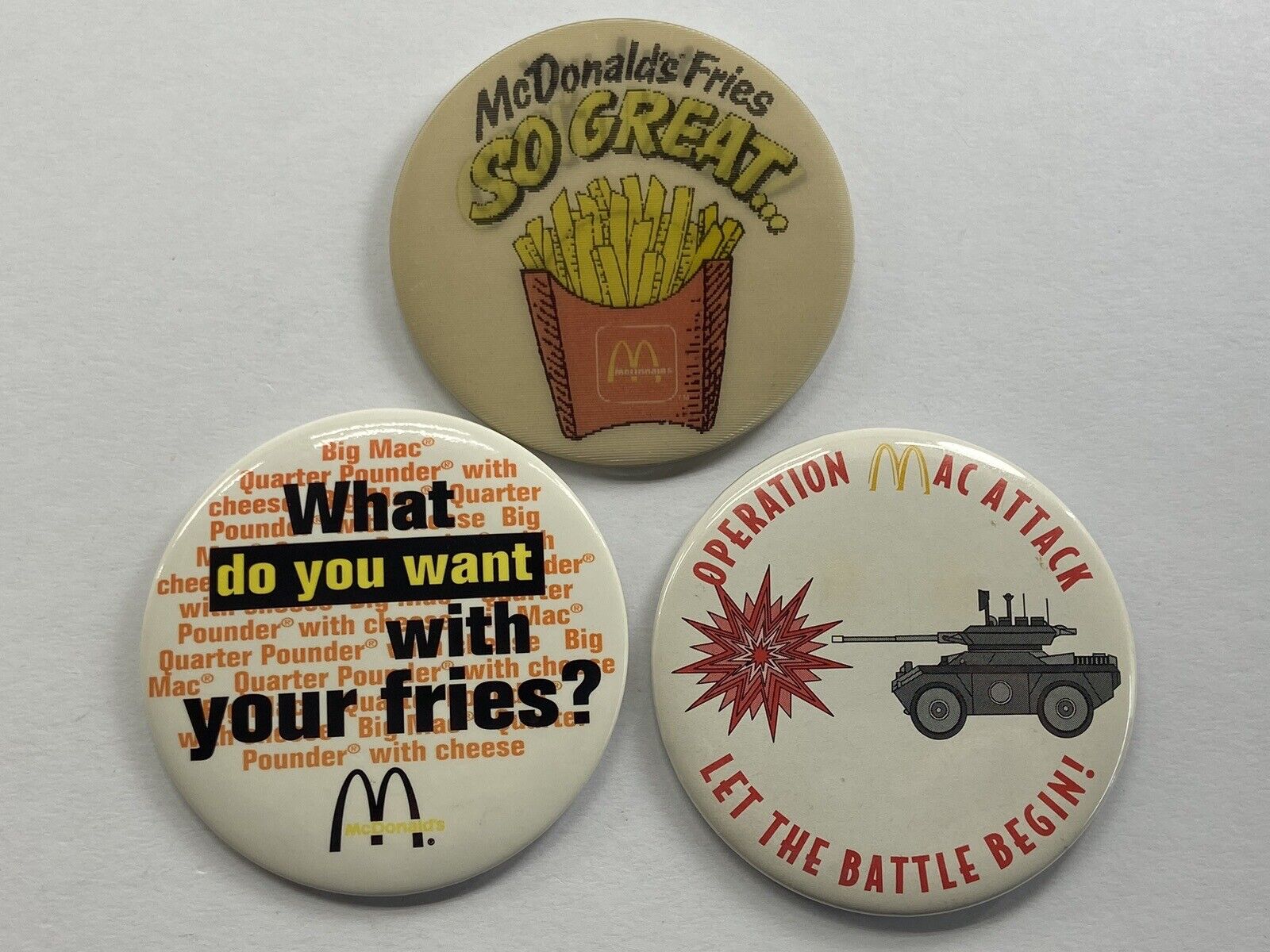 Vintage McDonalds Lenticular Fries, Operation Mac Attack Buttons Lot of 3