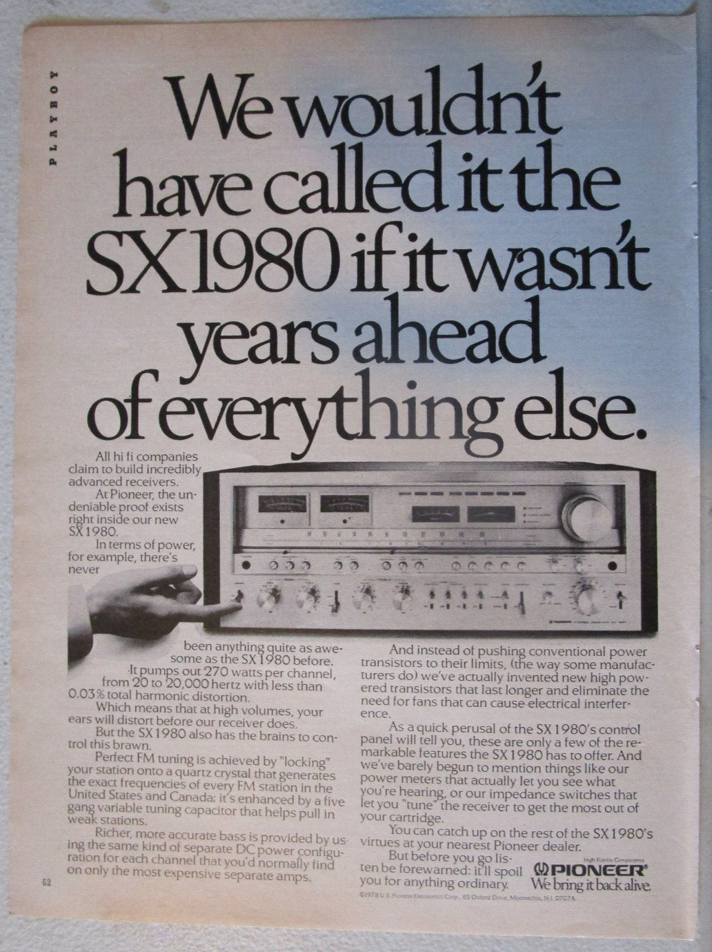 1978 PIONEER SX-1980 Stereo Receiver Print Ad ~ Years Ahead of Everything Else