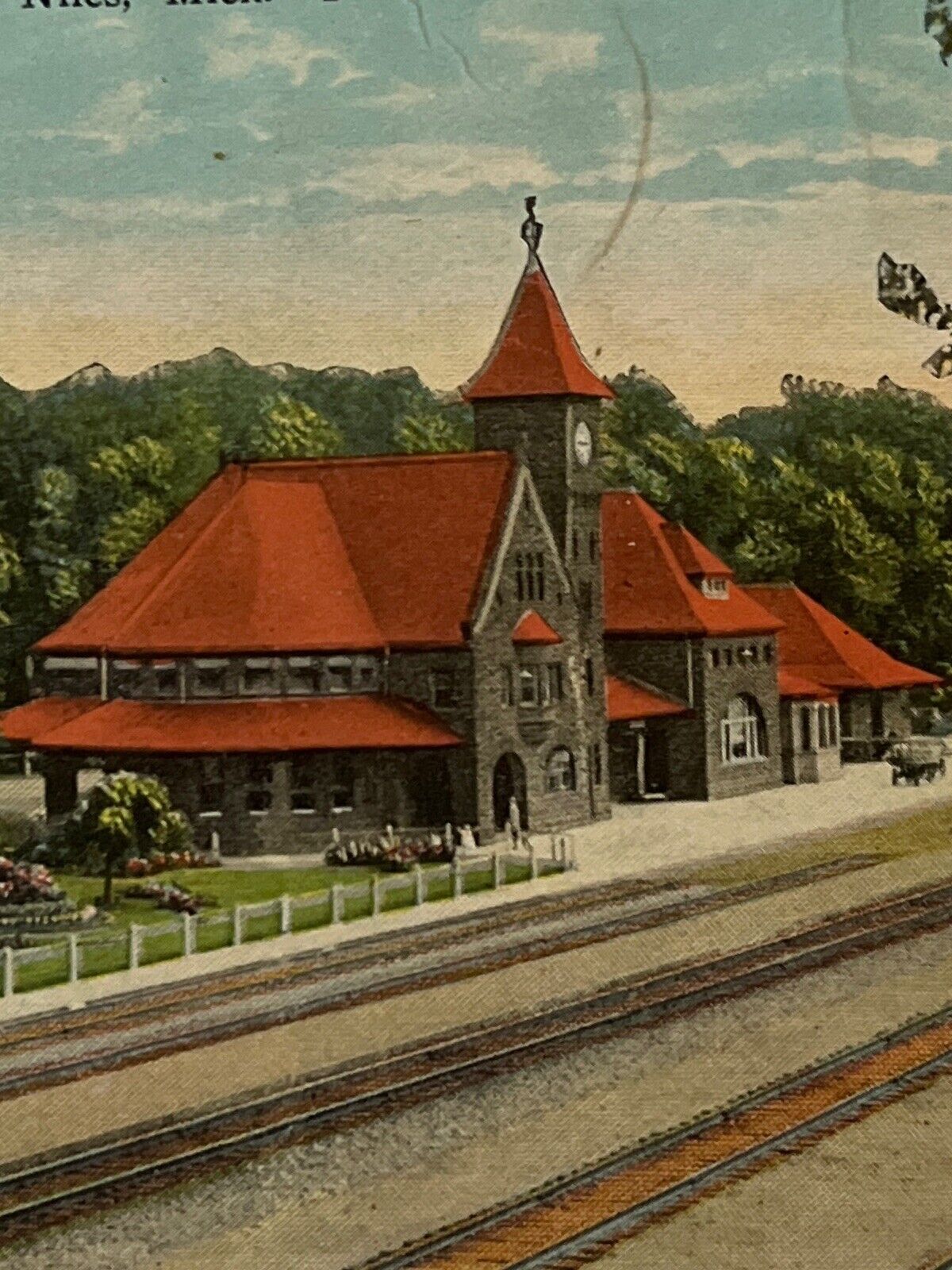 Vtg 1929 Litho Ephemera Postcard Niles MI Train Depot Station Railroad Posted