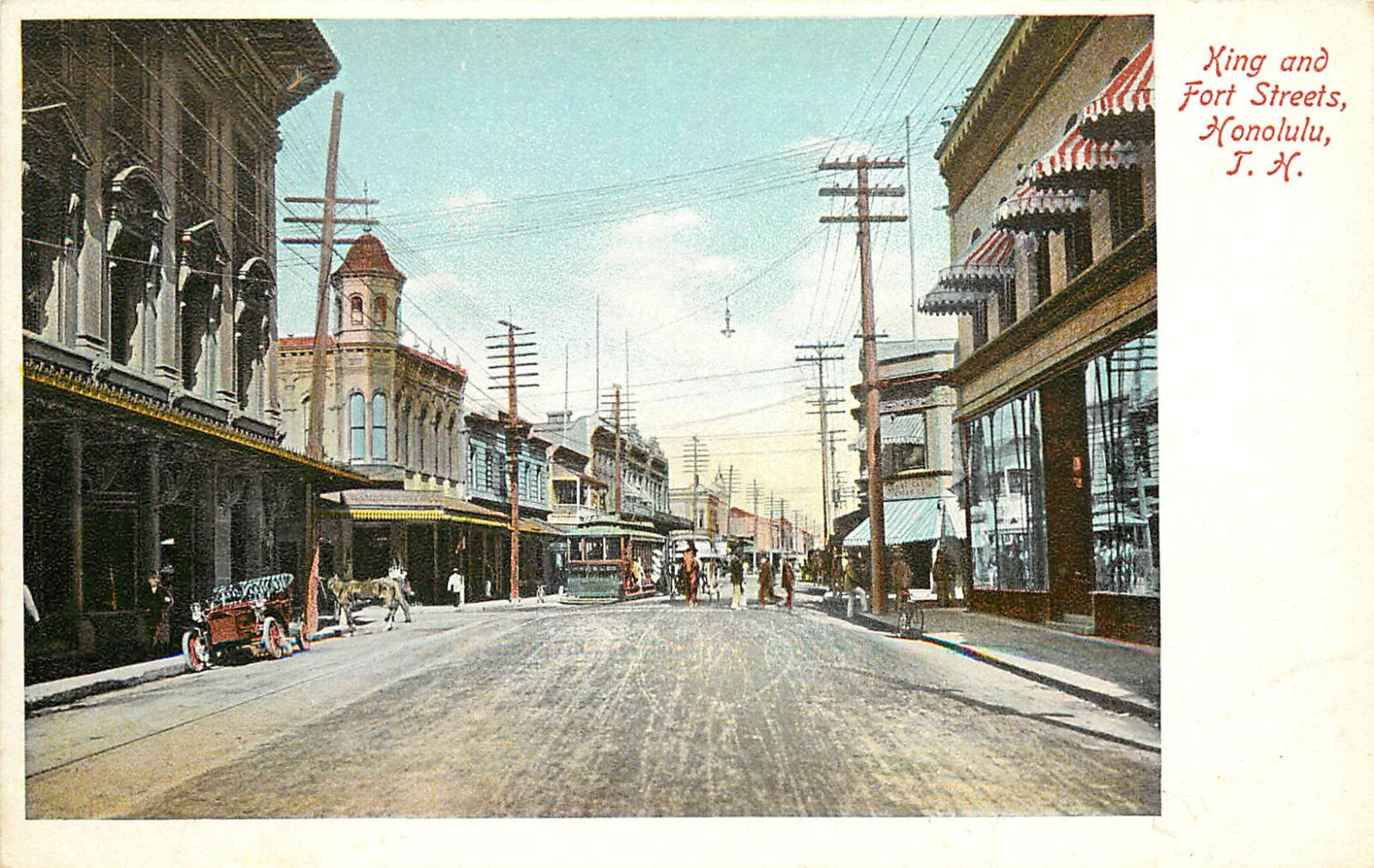 Vintage Postcard King and Fort Streets Honolulu HI T.H. Trolley Wall & Nichols 