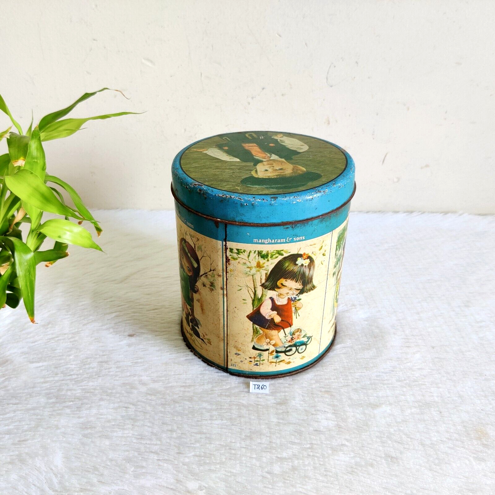 1950s Vintage English Kids Graphics  Mangharam & Sons Confectionery Tin Box T260