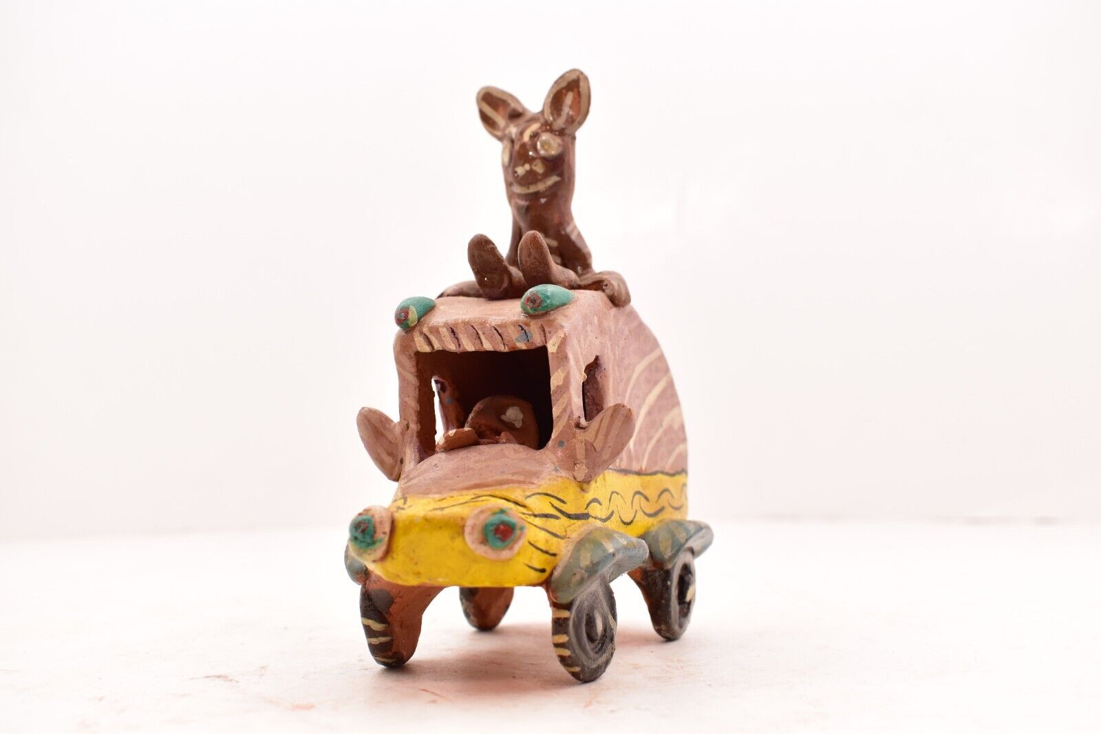 VTG Ocumicho Pottery Mexican Folk art DEVIL Riding on CAR DIABLO Figure Statue