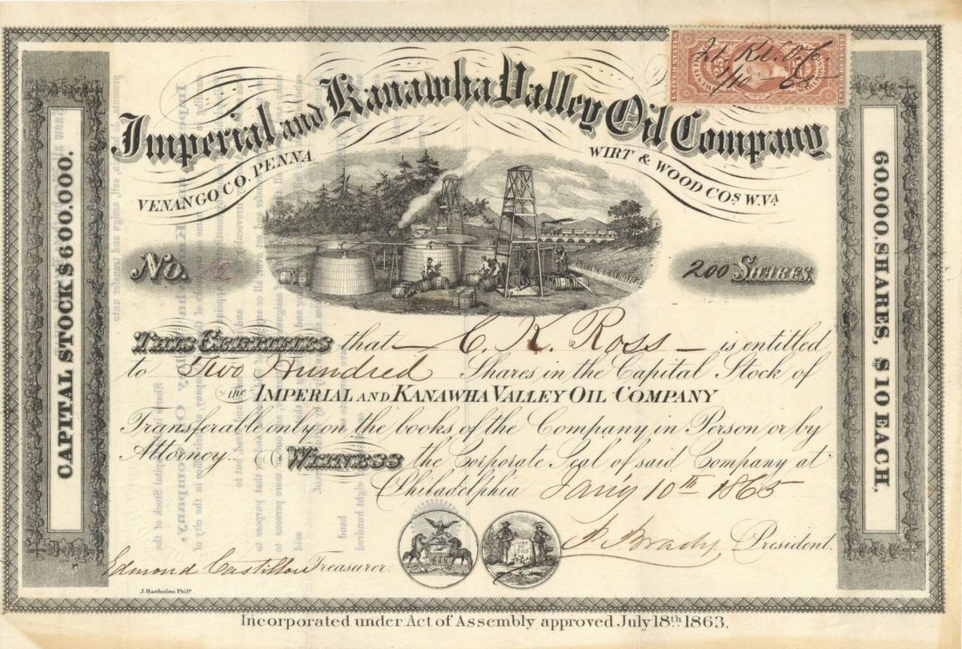Imperial and Kanawha Valley Oil Co. - Stock Certificate - Oil Stocks and Bonds