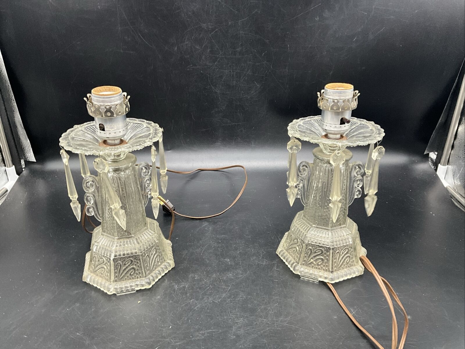 Pair Of Antique Leviton Art Deco Clear Glass Boudoir Lamps 7 3/8