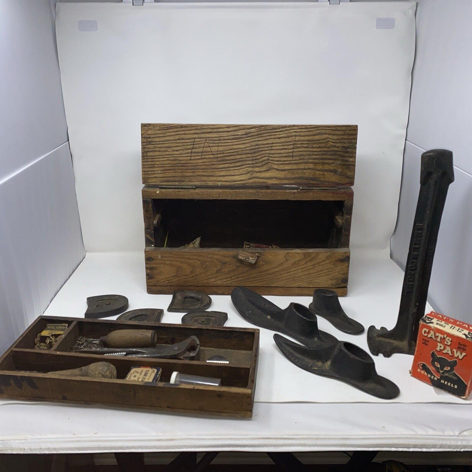 Vintage Cobbler Set: Nails, Tools, Stand, Box, Plates, Tacks, Heels.